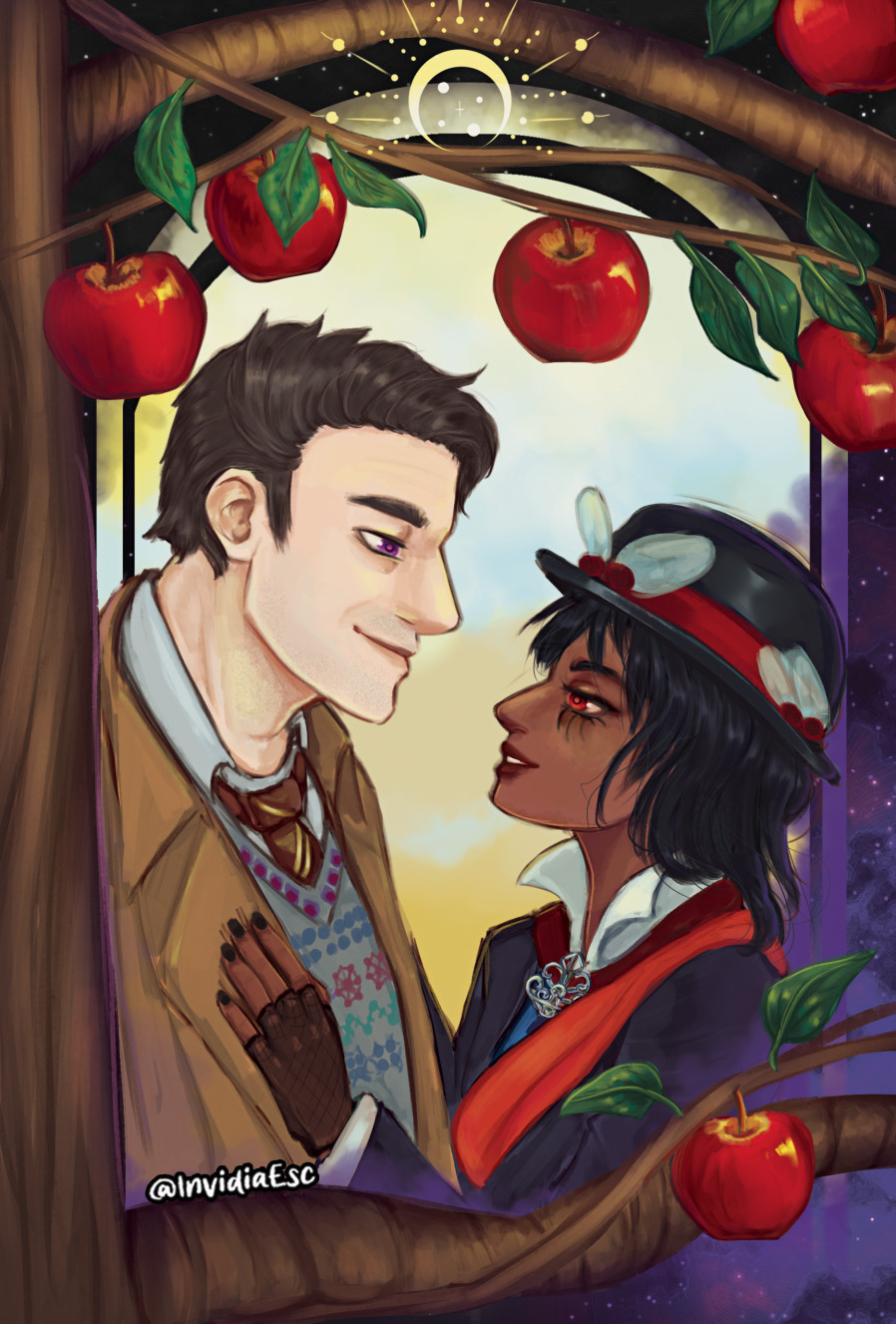 Gabriel and Beelzebub from the Good Omens series are looking at each other. There is a window behind them, apples and a tree in their front. The universe is around them as a symbolism of their infinite love.