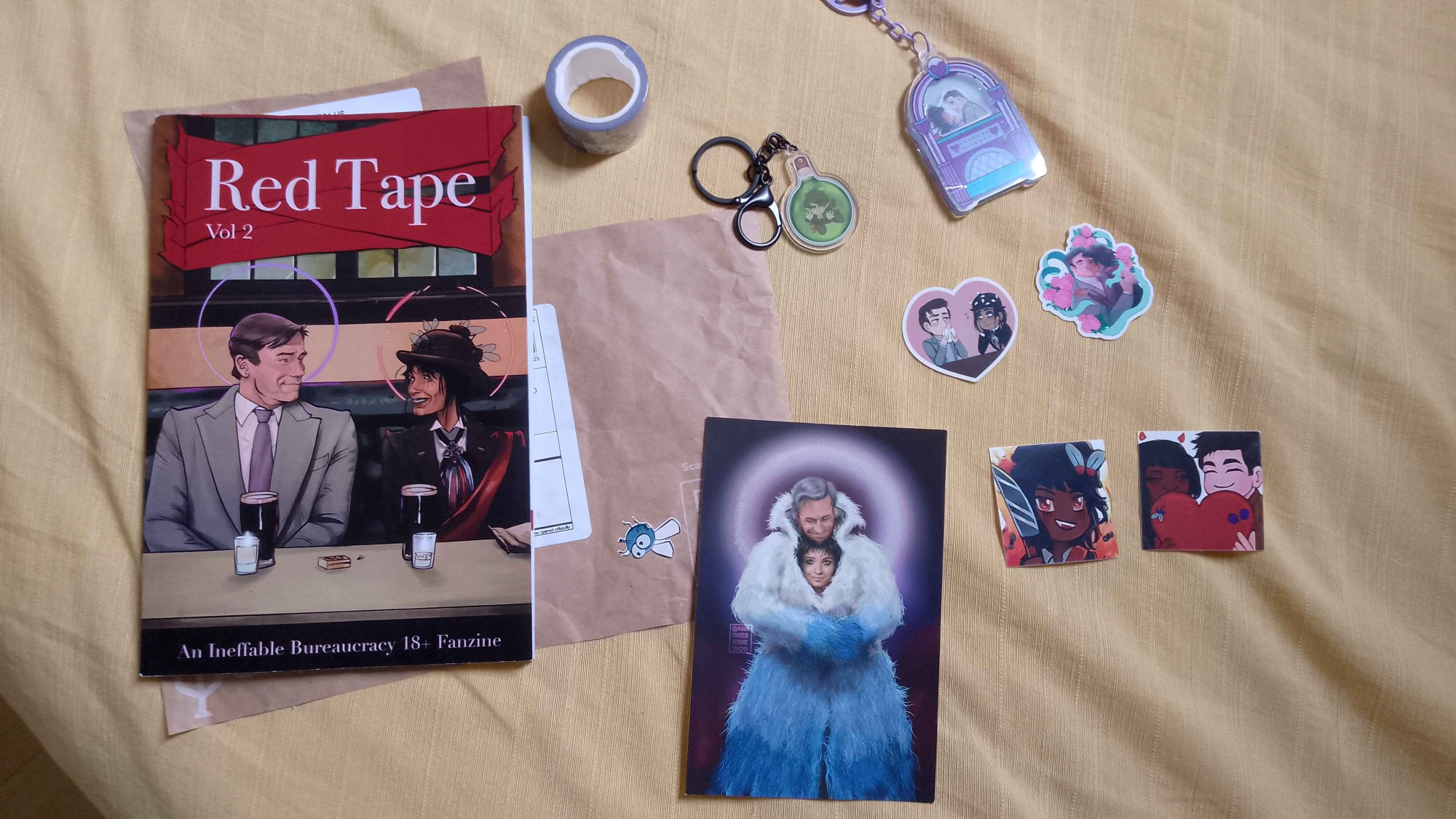 Red Tape Vol. 2 Zine (Magazine) and Merch from it. Gabriel and Beelzebub fanart, keychain, and stickers, washis.