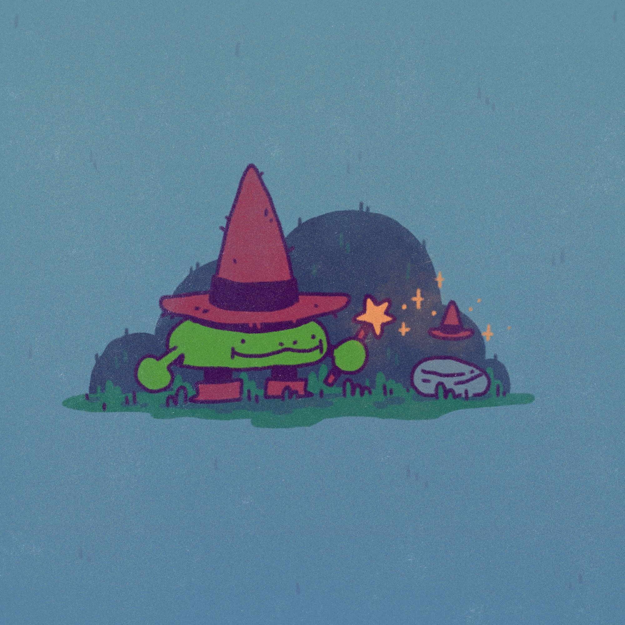 A happy frog wizard using their wand to put a little wizard hat on a rock