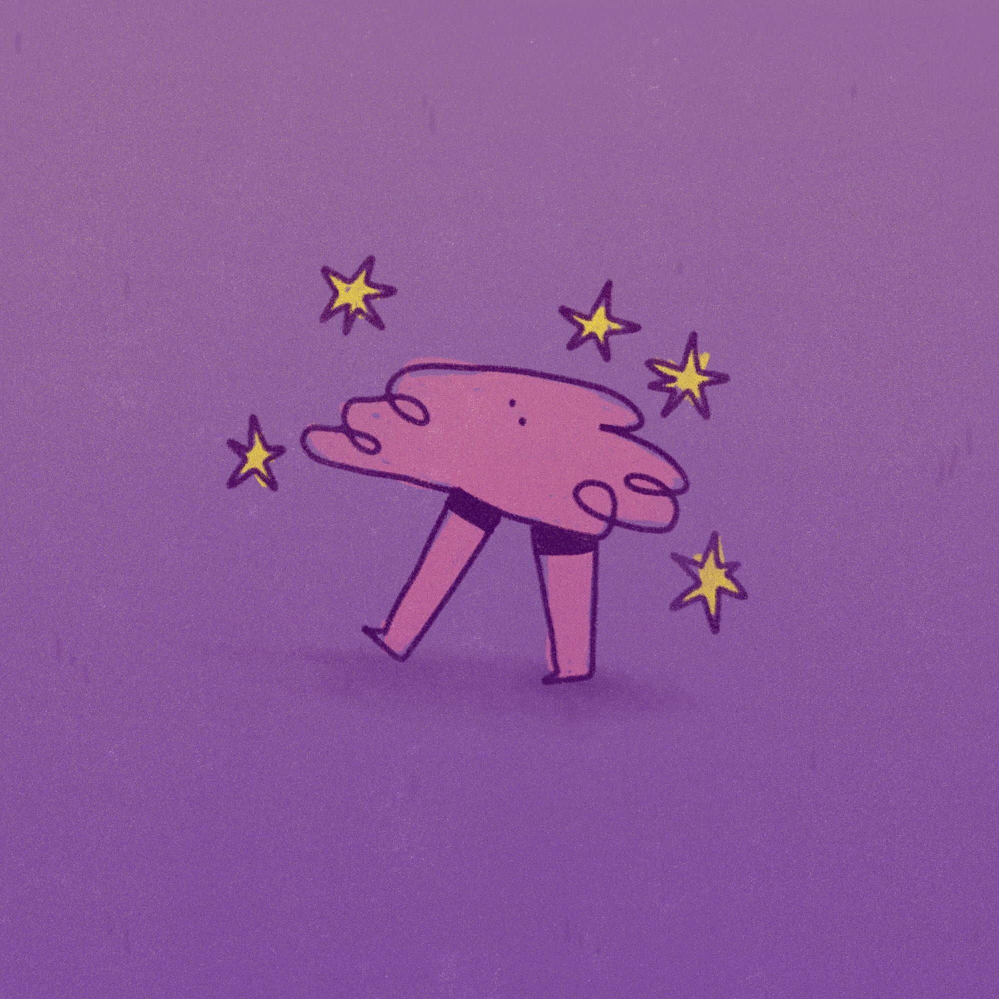 A scribbly blob on a walk, surrounded by stars