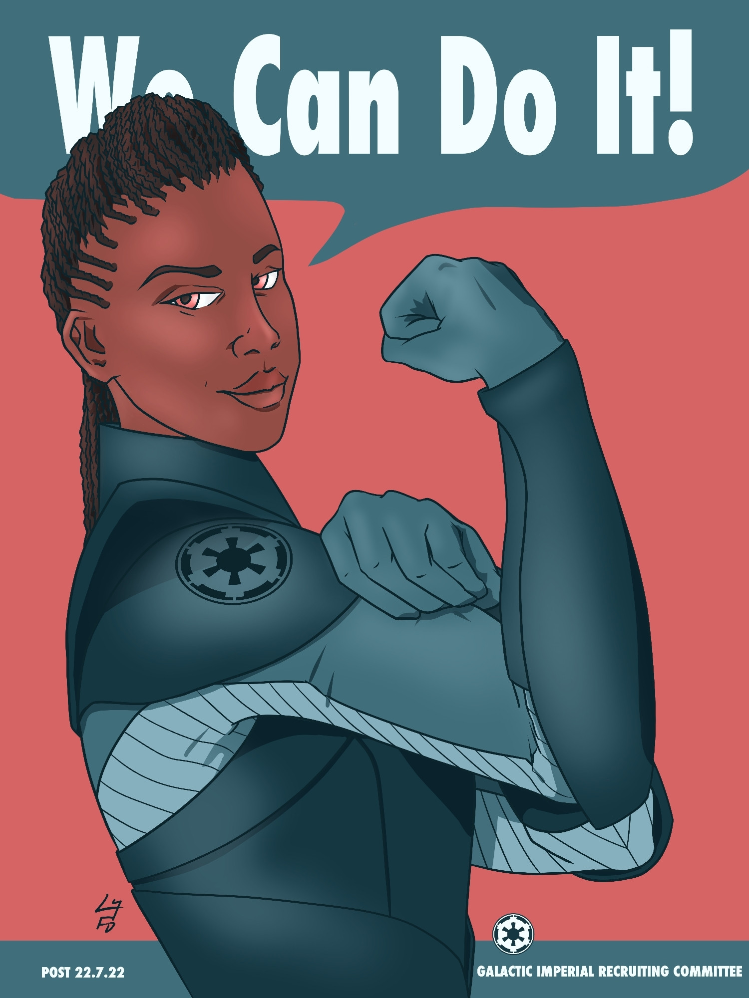 A remake of the classic Rosie the Riveter poster featuring Reva Sevander from the Obi Wan Kenobi series. Her hair covers up most of the "We" in "We Can Do It"