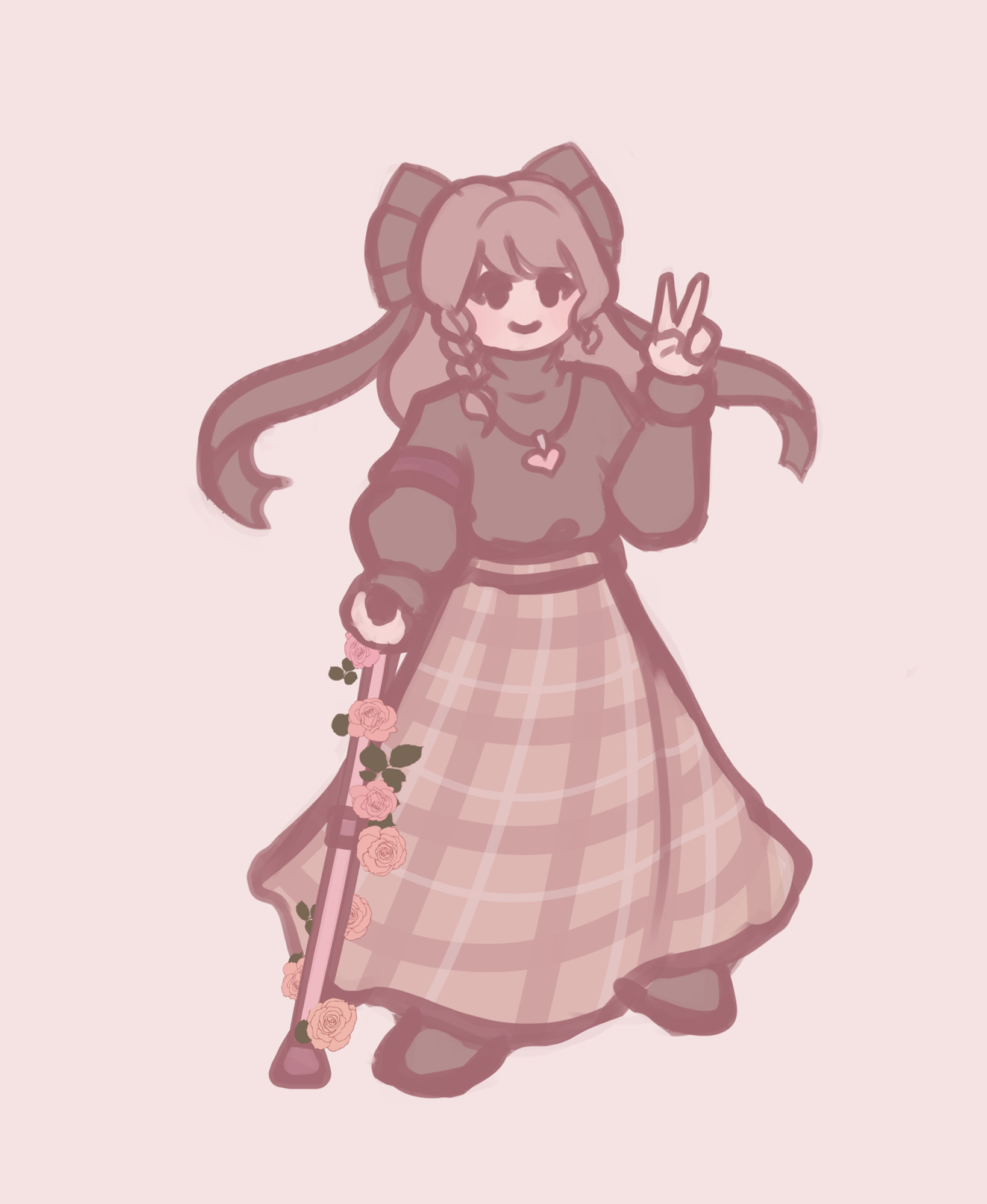 Digital illustration of equo’s persona using a forearm crutch. She has light brown hair, a large bow in her hair, a long sleeve black turtleneck, and a brown plaid skirt that goes down to her ankles. 