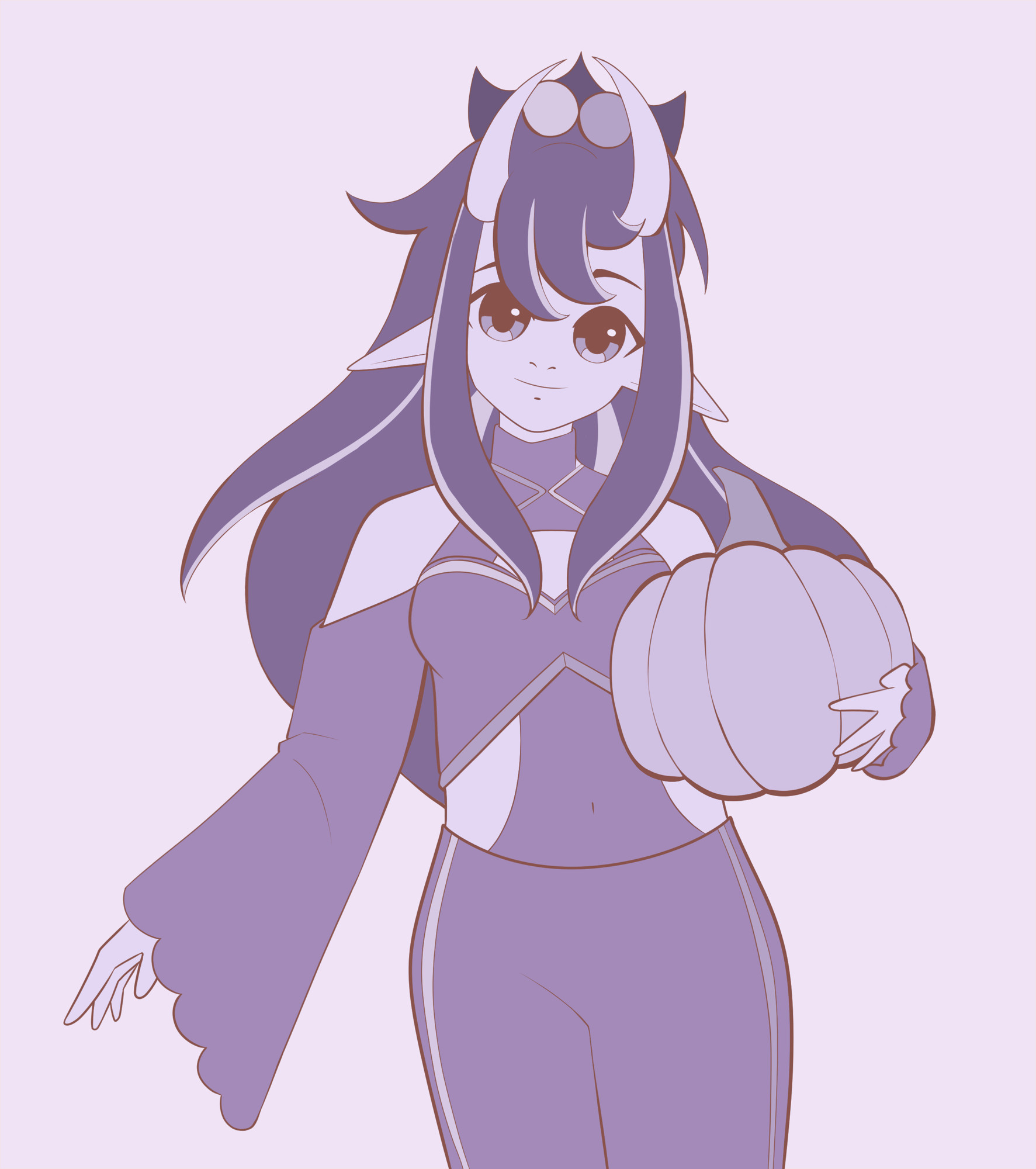 half body fanart of pumpkin ruler jade (dragon vtuber) using a monochrome purple color palette and purple background