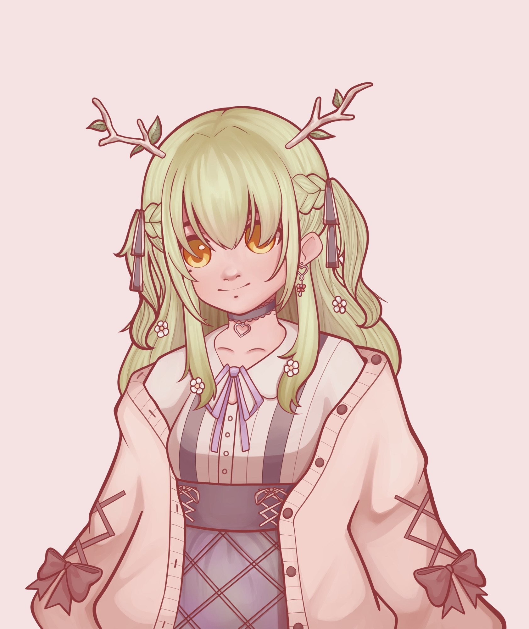 half body fanart of ceres fauna (hololive en vtuber with green hair and green eyes) using a warm color palette and pink background