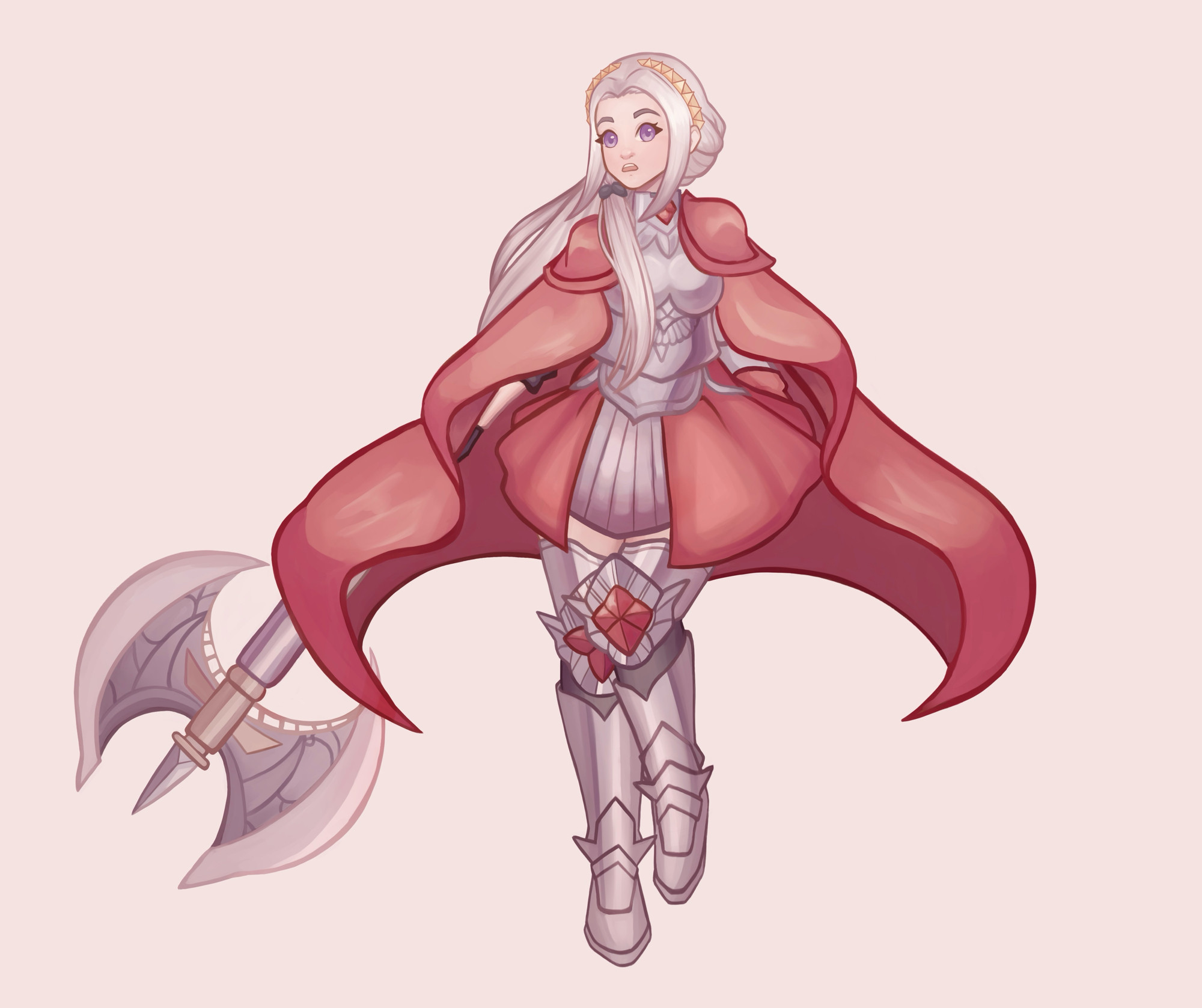 full body fanart of edelgard von hresvelg (character from fire emblem three houses) in her three hopes outfit. Uses a warm color palette and pink background