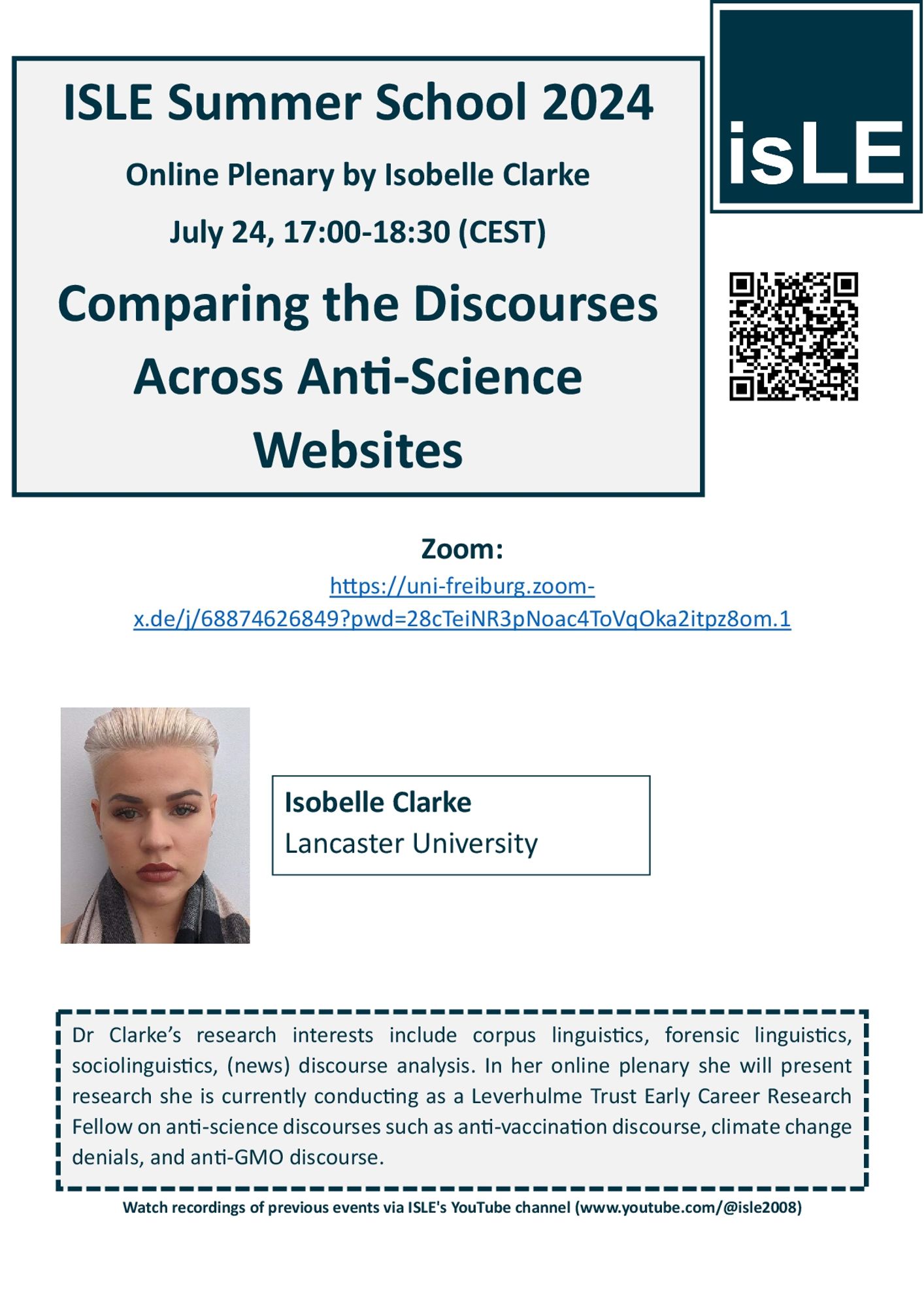 Flyer for the talk by Isobelle Clarke