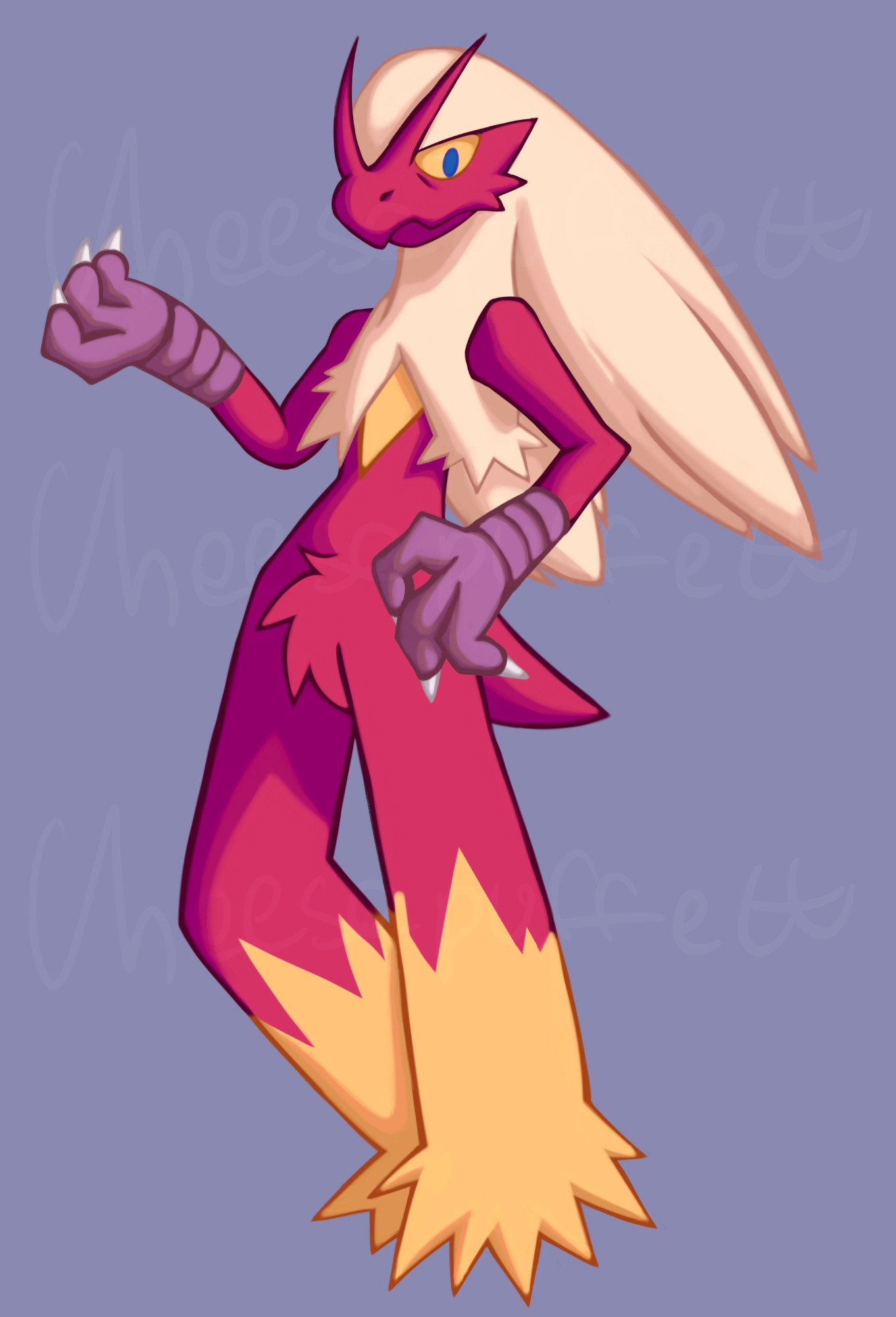 A drawing of a Blaziken using a warmer color palette. The blaziken is looking to the left and standing with one leg straight and one leg slightly bent.