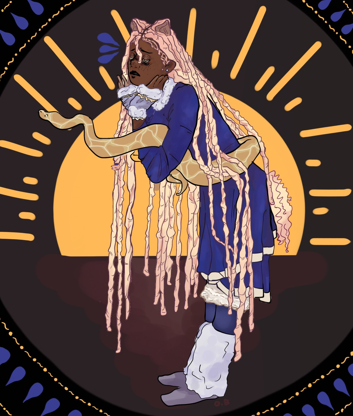 [A digital drawing of my oc, Alexandria. She has long orange-to-blond locs, dark brown skin, and a blue and white fluffy royal outfit. A snake is wrapped around her waist. She is tilting over and putting her face in her hands. The background is a gold and blue royal-looking pattern. End ID]