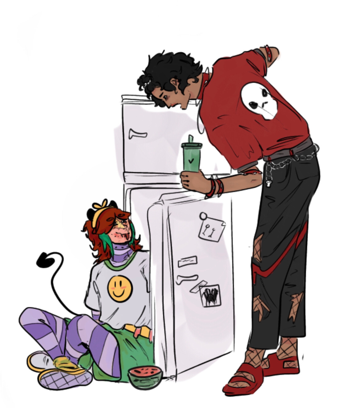 [Start ID: A digital drawing of a demon with a stitched face, red hair with green bangs, and a colorful outfit sitting down next to an open fridge eating watermelon, smiling. They are looking up at their big brother, a brown-skinned punk man with black hair tied back at the bangs. The man is leaning down, looking at them and scolding them. End ID]