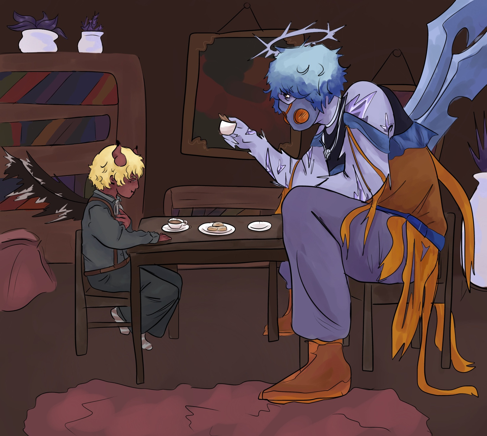 [Start ID: A digital drawing of a little demon boy with red skin and blond hair, named Ferris, and a gigantic purple and blue creature with orange tassels on his clothes and thorny crystals poking out of his skin, halo, and back. They are sitting at a table having a tea party inside Ferris’s bedroom. End ID]