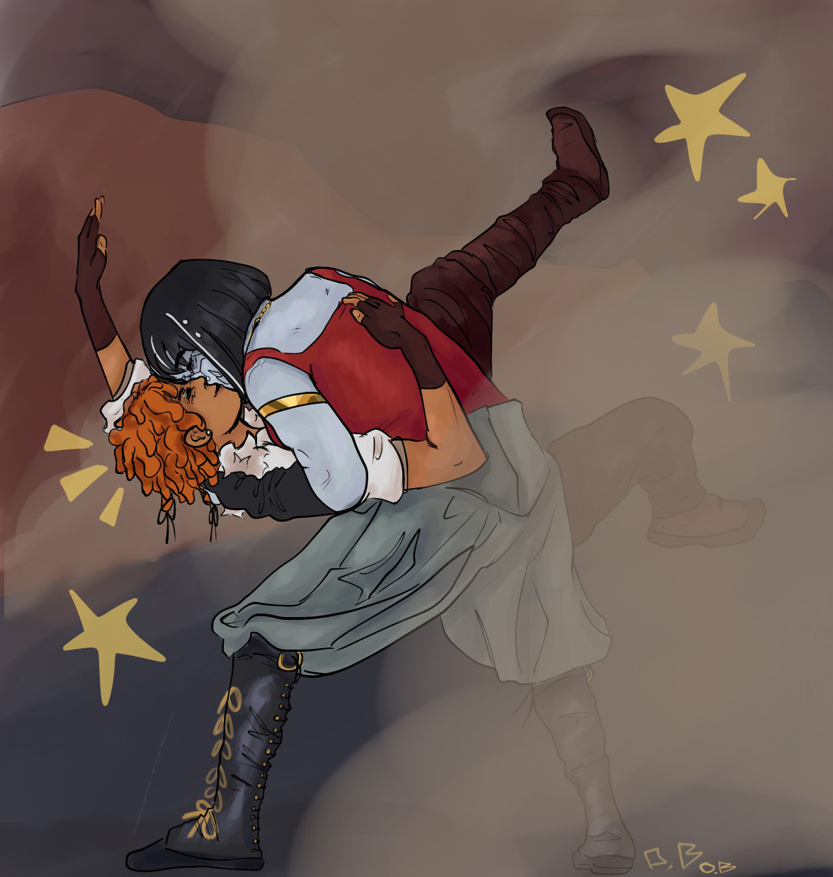 [Start ID: A digital drawing of my couple ocs, Ace, a light skinned black guy with orange locs and a fur white coat, and Anastasia, a robot with grey skin, black hair with white stripes, and a red tank top. Alexandria is lifting Ace up and swinging him down, kissing him, on a dusty rocky background. End ID]