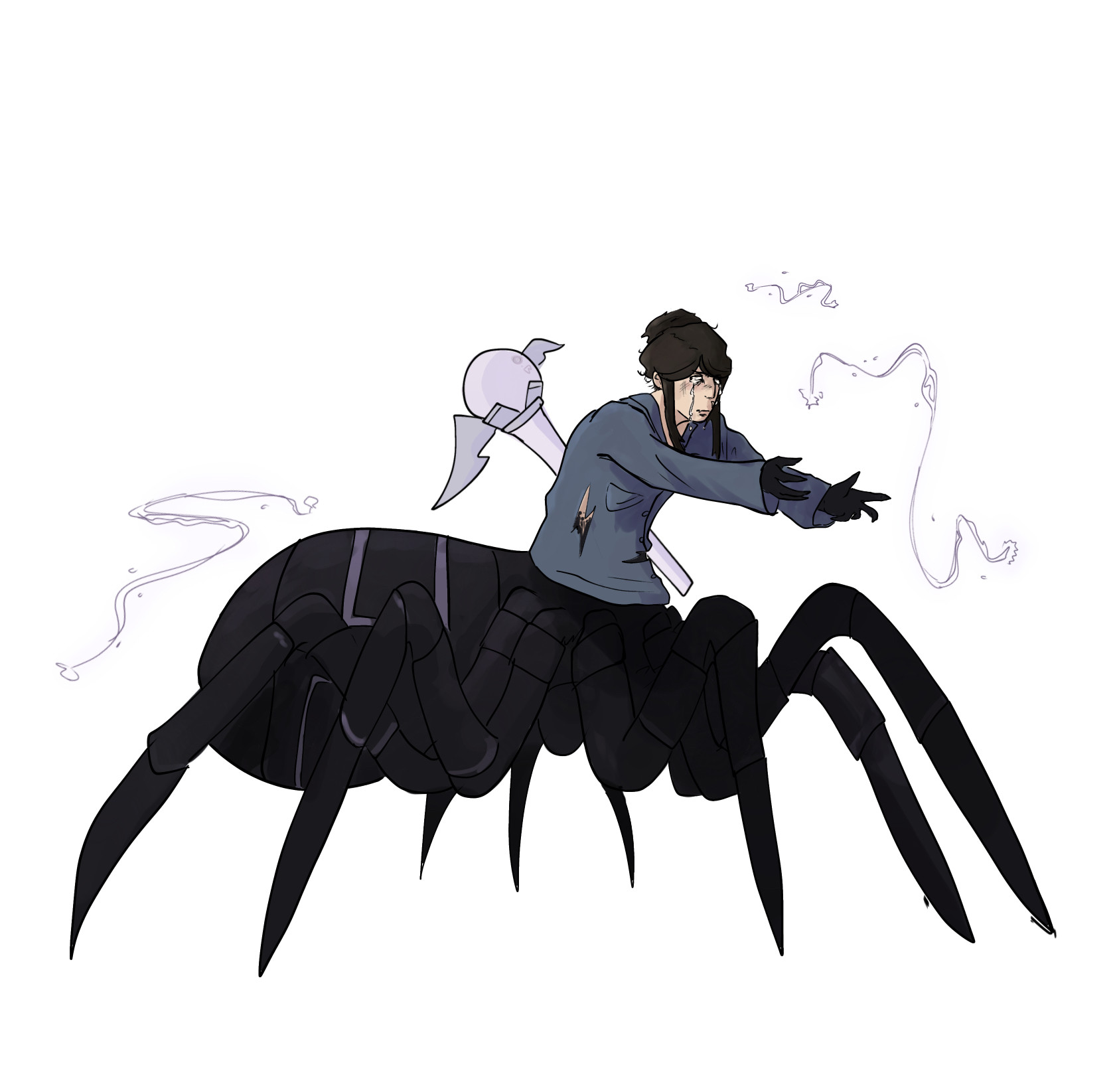 [Start ID: A digital drawing of Peyton, a half-spider with black hair tied into a bun and pale skin. He has flowing white tears and a pink staff strapped to his back. He is leaning correare and using his hands to make electricity magic around him. End ID]