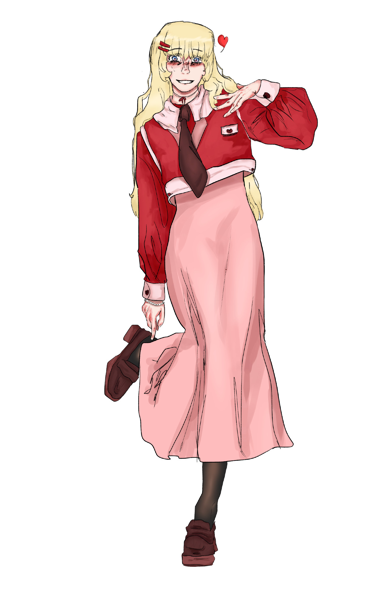 [Start ID: A digital drawing of my oc, Brett. She has long wavy blond hair with bangs surrounding her face. A red hair clip accessorized her hair. She wears a red cropped sweater with a collar and tie, and a long pink maxi skirt going down to her ankles. She wears black tights and simple formal brown shoes. She’s tilting over slightly, using her right hand to reach down to her right foot, which is bent. Her left hand is splayed across her chest. She is smiling madly at the camera, her blue eyes wide. She is sweating. A heart is next to her face. End ID]