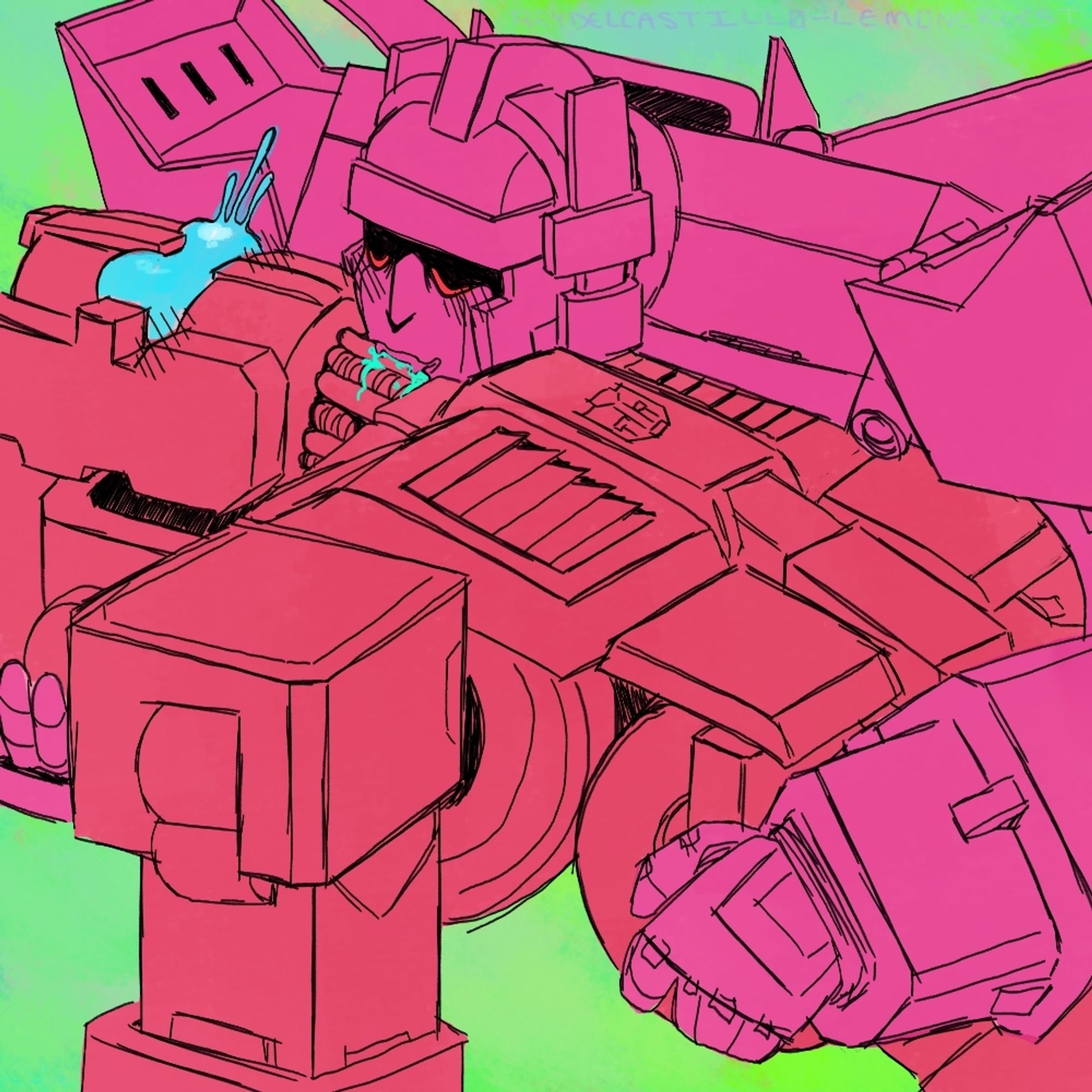 IDW vampire Misfire biting First Aid in the neck while holding him in a romantic swoop. First Aid's blood is the same color as the background.