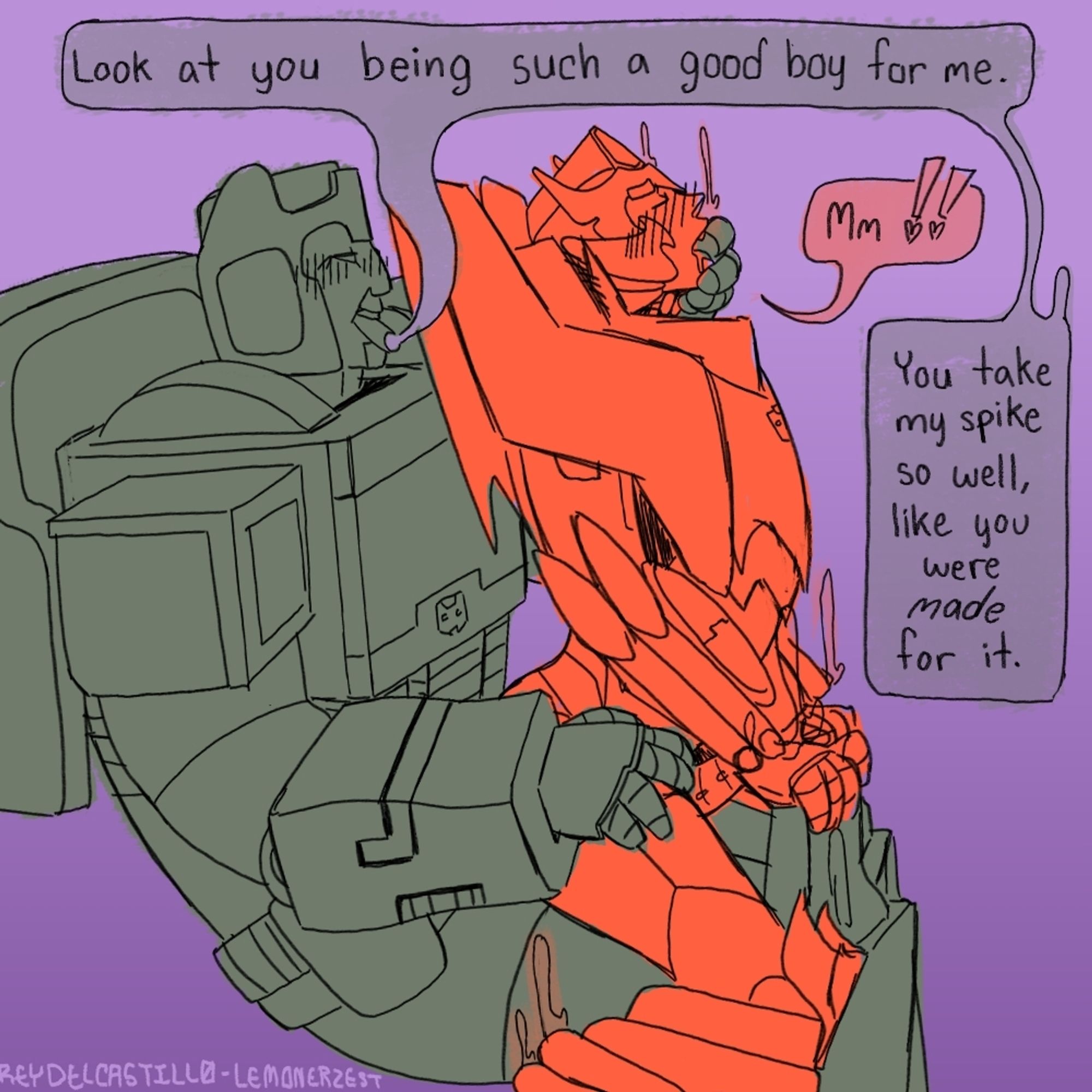 IDW Kup x Rodimus. Rodimus is on Kup's lap getting spiked, his own spike out.

Kup is praising Rodimus, saying:
"Look at you being such a good boy for me. You take my spike so well, like you were made for it."