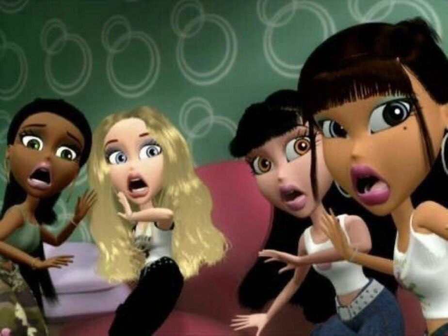 Characters from the Bratz show making exaggerated faces of shock.