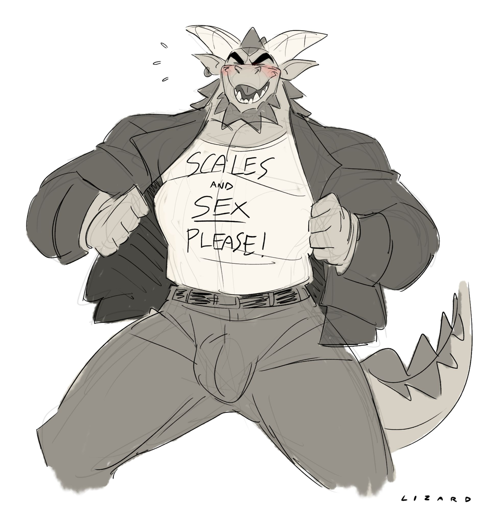 Rough sketch of Colt, an anthropomorphic earth dragon (he/him), flashing a white t-shirt stamped with the text "SCALES AND SEX PLEASE!".