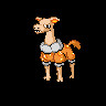 Middle evolution for the fire starter line, a skinny looking alpaca-pokemon, the head and legs have basicaly no fur, giving a naked look, the face has a worried expression and it shows its teeth as if it was shivering from cold, the ears are slightly droopy and have a fiery gradiant on their insides. 
the body is a lot fluffied, particularly on the base of the neck and legs, that have fluffy white wool parts, the rest of the torso is a less saturated orange color and is covered in "gems" that have a fiery gradient, theyre made to be fiery constructs that the pokemon produces to try and keep itself warm (unsuccesfully for it has an extremely low thermal sensation)