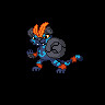 Middle evolution for the water type starter line, follows a similar body to the previous stage being a dark blue cat with saturated blue markings ressembling a leopard, but theyre arranged differently than its preevolution.
Now this cat stands bipedal, it has saturated reddish orange lines on its ankles. wrists and close to the tip of its tail, acting as bandages.
On its left hand it carries a dark gray shield, this shield is round and has a concave circle inside of it, it also has cracks all over it.
the other hand has a similar shield but much smaller and with a convex shape rather than concave.
Onto its head, its similar to the prevo but with visible small white fangs and fluffier check fur, the eyes now are orange and it has two saturated orange feathers over its nose.
The nose and ears now, have a similar rocky texture like the shield.