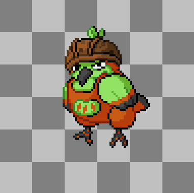 The middle grass starter, this is a fun dessign being purely a nod to the stereotype of chunky construction worker, the helmet is more elaborate to look like actual security helmets, and its body wears overall (its just a funky feather dessign but thats nothing new for pokemon).
Again based on oven birds, and they can be also somewhat chunky birds so i think it fits nicely.
Also it is now flying type, is it the best at flying? no, but it is good enough at it to warrant the type (more so than vullaby anyways)