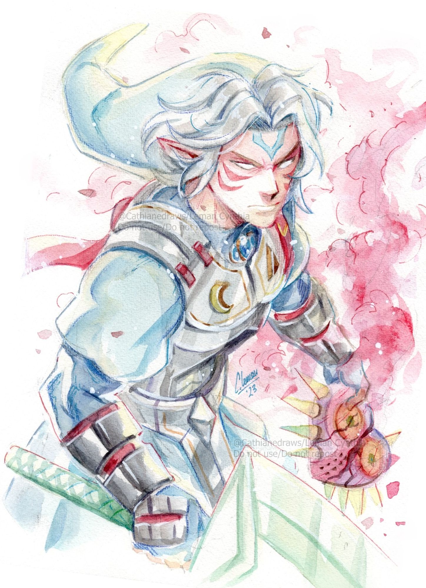 Fierce Deity Link holding a destroyed Majora's Mask, drawing made with watercolor