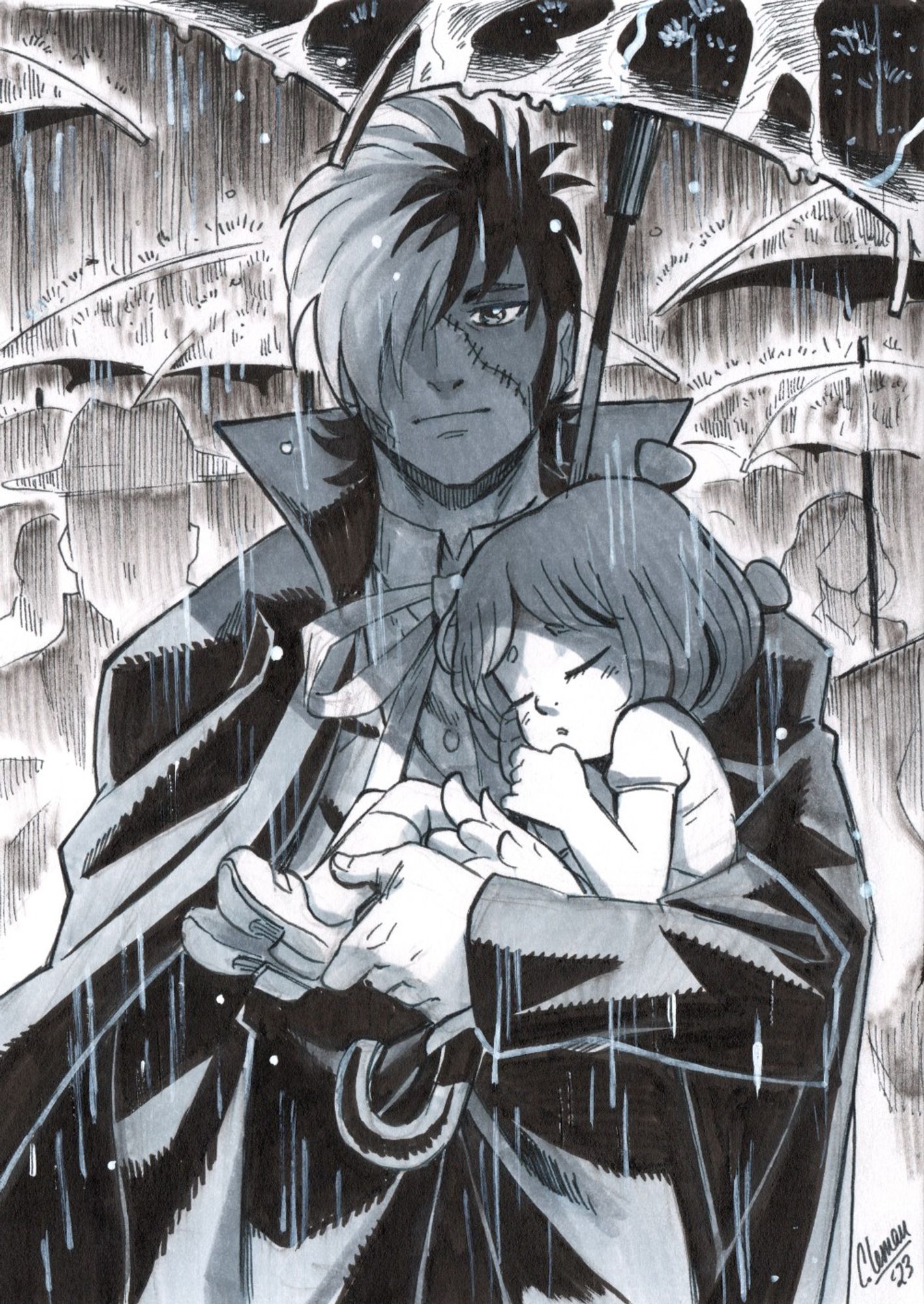 Black Jack in a crowd, holding Pinoko and an umbrella in one arm during a rainy day