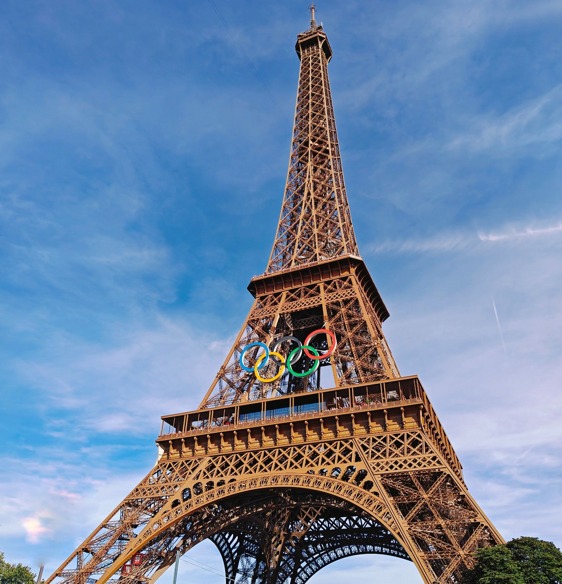 view of the Eiffel Tower with the Olympic rings adorning it