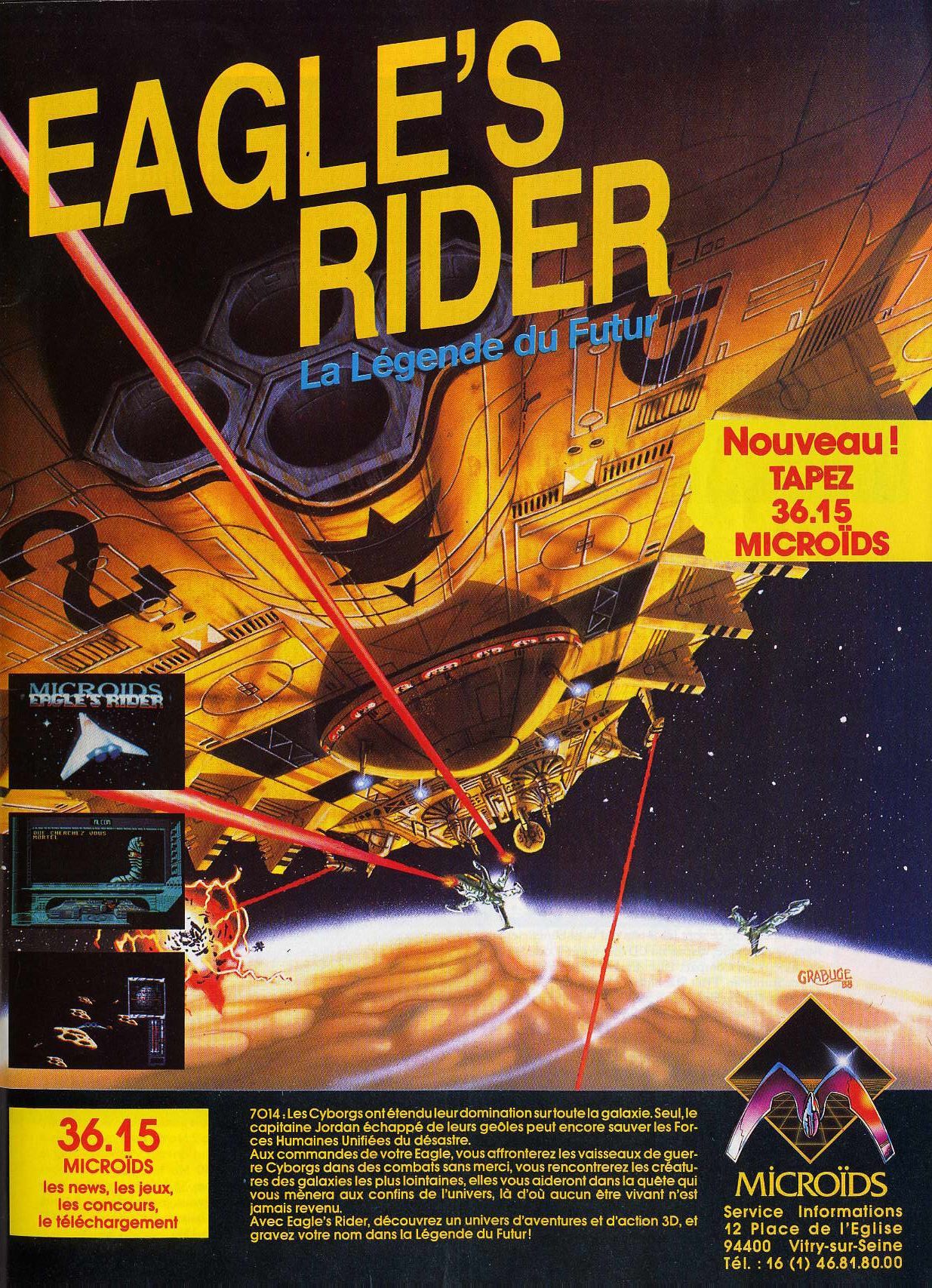 Scan of magazine advertising for Eagle's Rider La Légende du Futur by Microïds in the issue #1 of Joystick, in January 1990