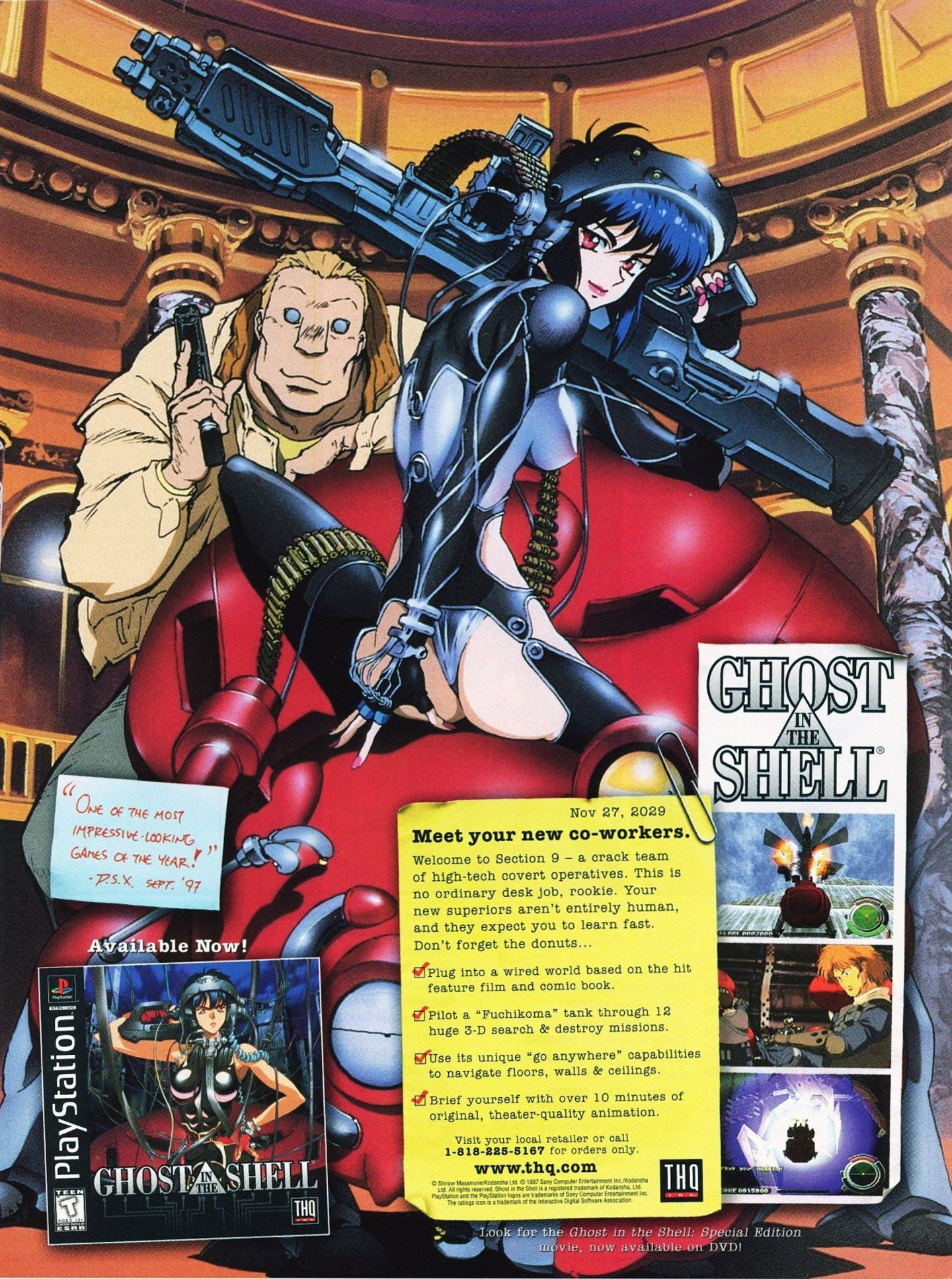 Scan of magazine advertising for Ghost in the Shell by THQ in the issue #3 of Playstation Magazine, in November 1997