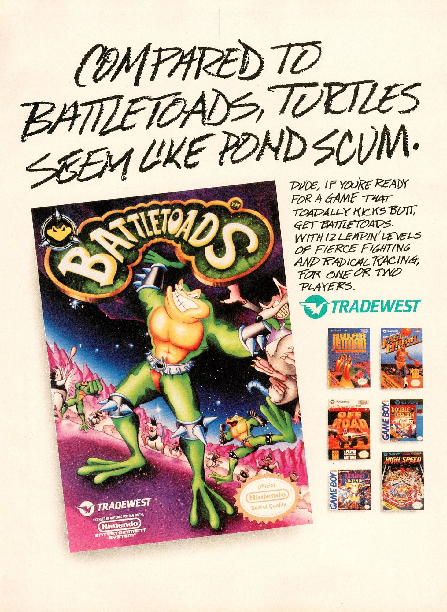 Scan of magazine advertising for BattleToads by Tradewest in the issue #6 of Game Player's Strategy Guide to Nintendo Games Volume 4, in June 1991