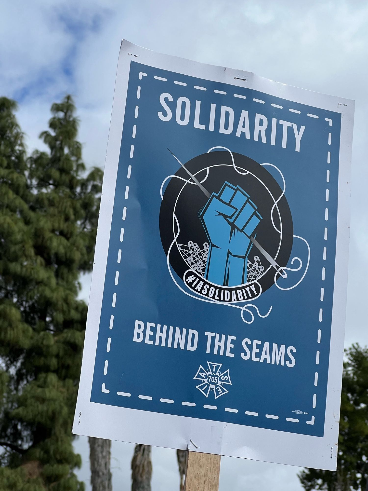 A sign for IA Solidarity saying “Solidarity Behind the Seams” from Local 705