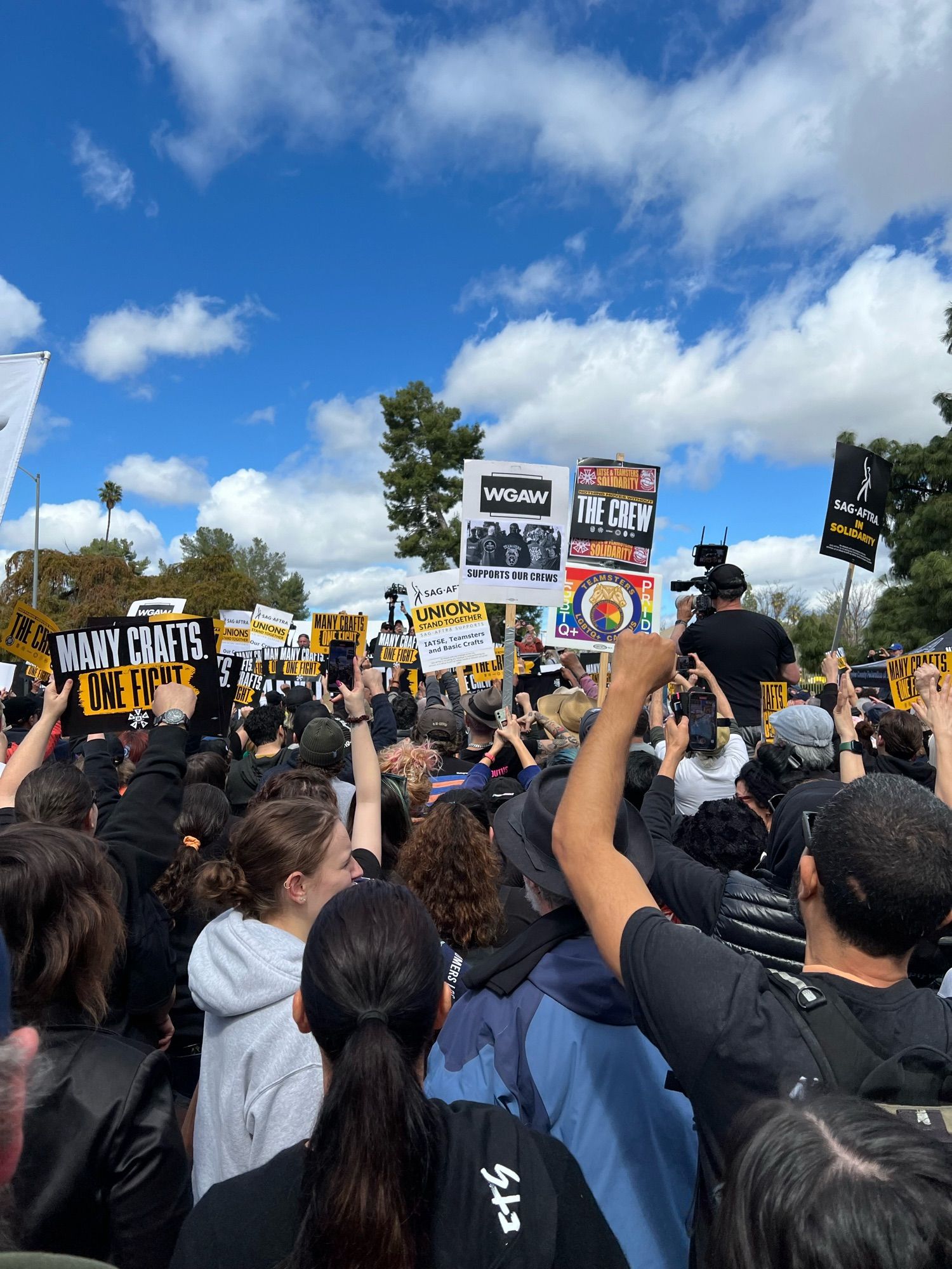 A crowd of union members cheering and waving signs