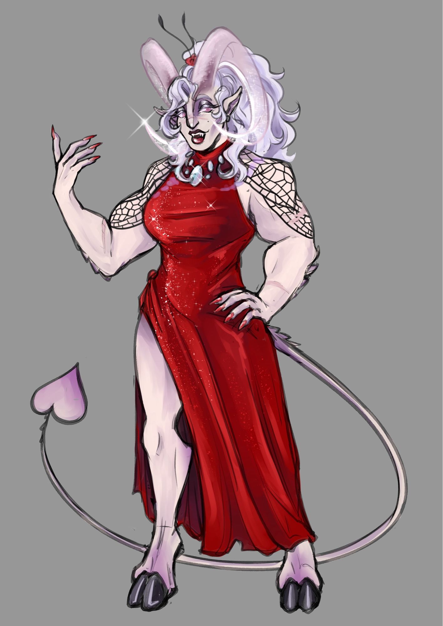 The same character drawn as a full body reference image. The outfit is the same, however she has some demonic features. A good natured smile shows off fangs, and large curved ram horns grow from her forehead. The look transparent, as if made of glass, sparkling as they get closer to a sharp point. Her ears are pointed, feet how end in hooves, and a long thin tail with a heart shaped tip curls behind her.