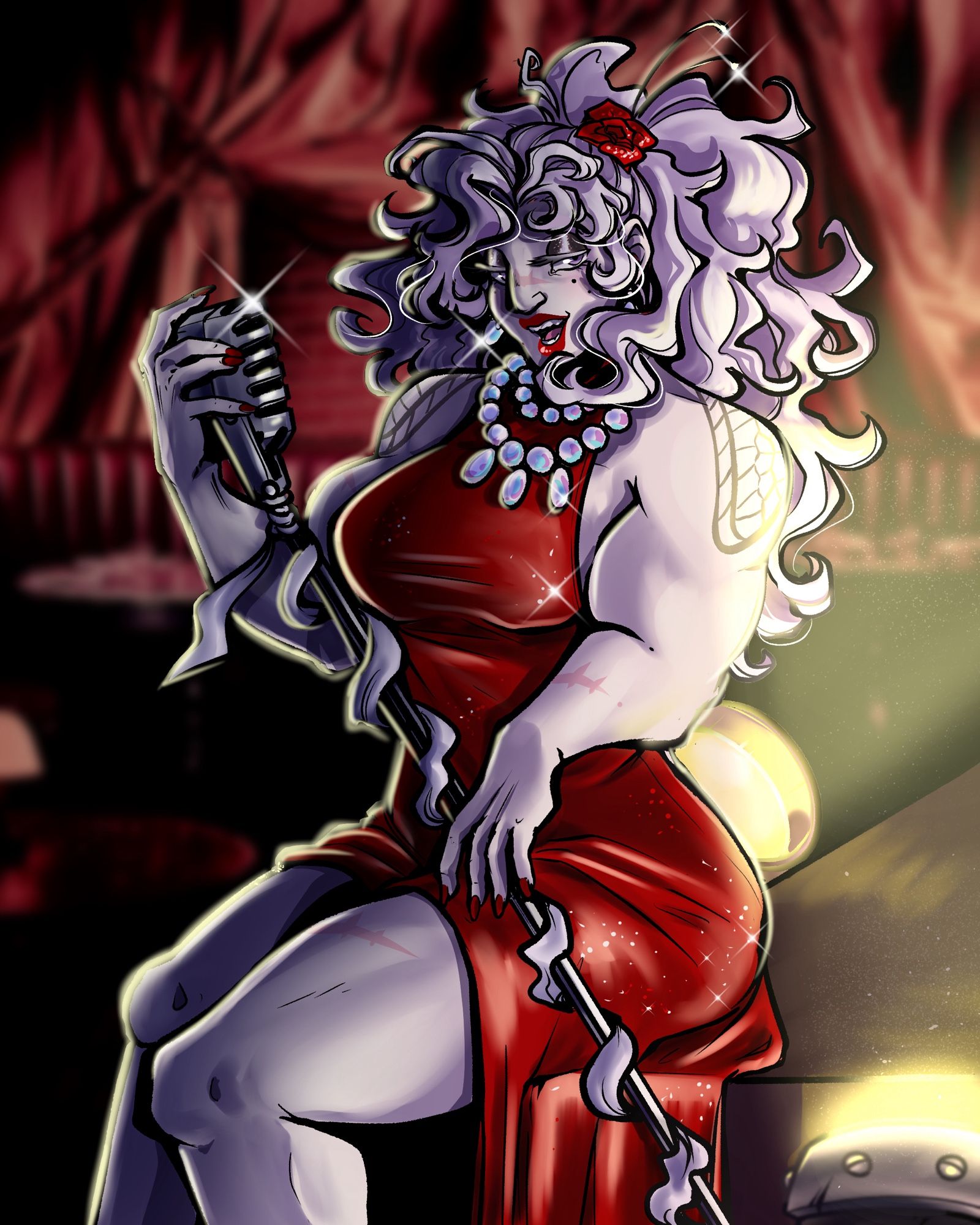 Art of a very muscular, very femme presenting sitting on the edge of a stage. She has very pale skin (albino), marked a few faint battle scars and dragonfly-like wing tattoos over her shoulders. She is looking with a slightly sultry smile  at the viewer, purple eyes adorned with dark sparkling eyeshadow and lips painted red. She had voluminous white hair, pinned up in a large ponytail with a red rose pin that has two extensions that look similar to bug antennae. She holds an old style microphone in her hands, stiletto nails painted red. She’s wearing large iridescent pearl necklace, and a red halterneck dress that sparkles in the stage’s spotlight.