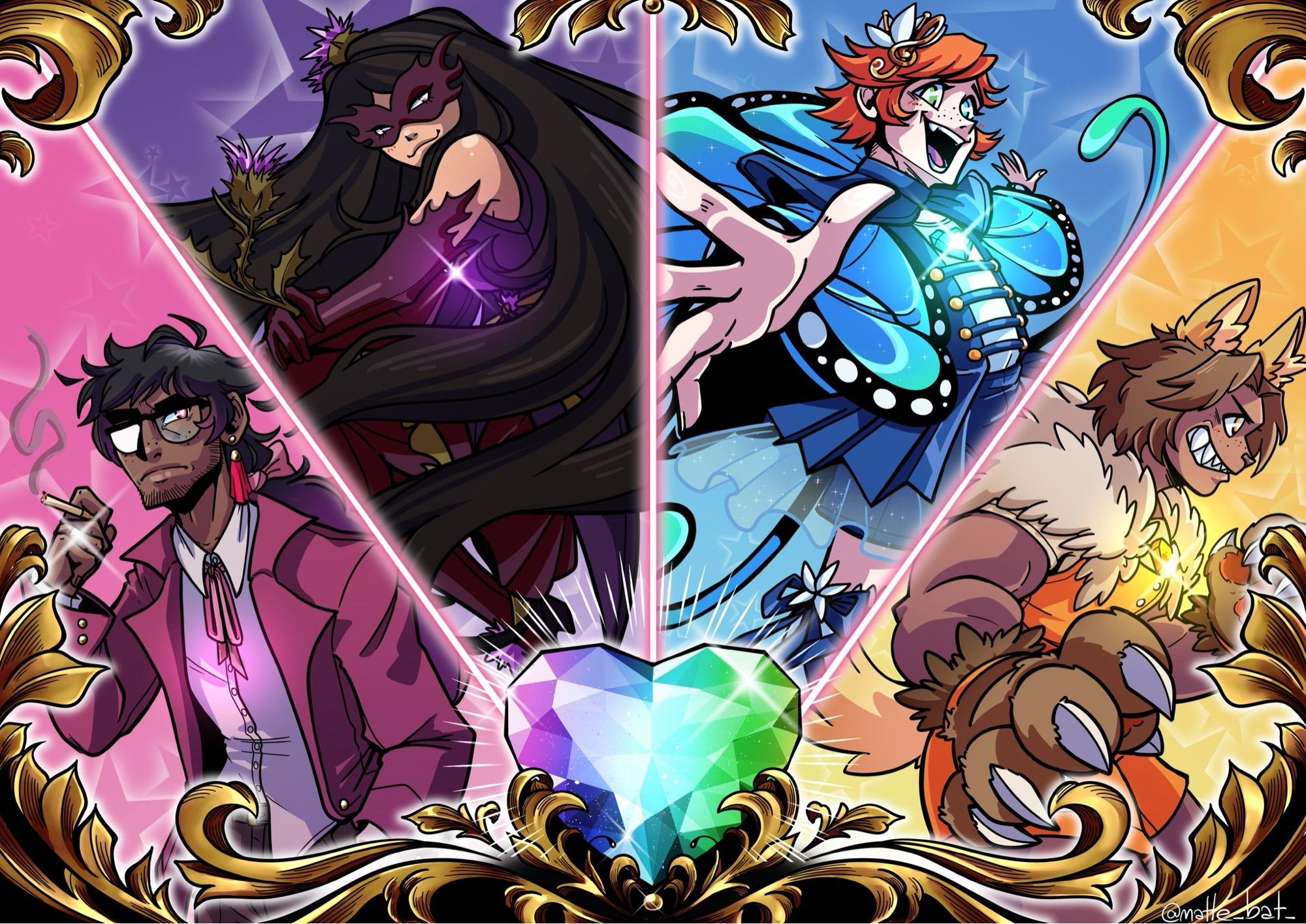 Poster design of four Girl By Moonlight characters. Leftmost has an adult man with a pink motif, leas extravagant than the others. Second to left has a masked girl in purple with a sly smile and mischievous and mysterious energy and she holds a thistle. Second to right has a boy with a blue butterfly motif, looking joyous, and far right has a girl with a wolf motif in yellow, with a somewhat aggressive but still good natured grin