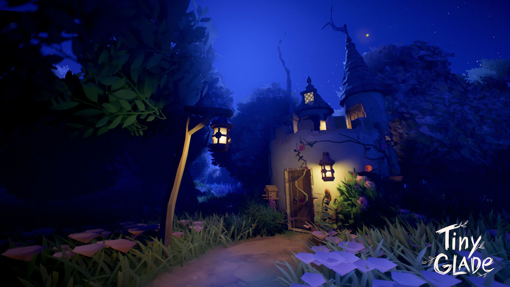 Small round hut behind the main house. Mixture of a tiny castle and a small house. Path to the door is lighted up with a old streetlight. Night scene is illuminated by a gently shining moonlight from the background. Trees surround the small scenery, and flowers are growing next to the pathway to the tiny building.