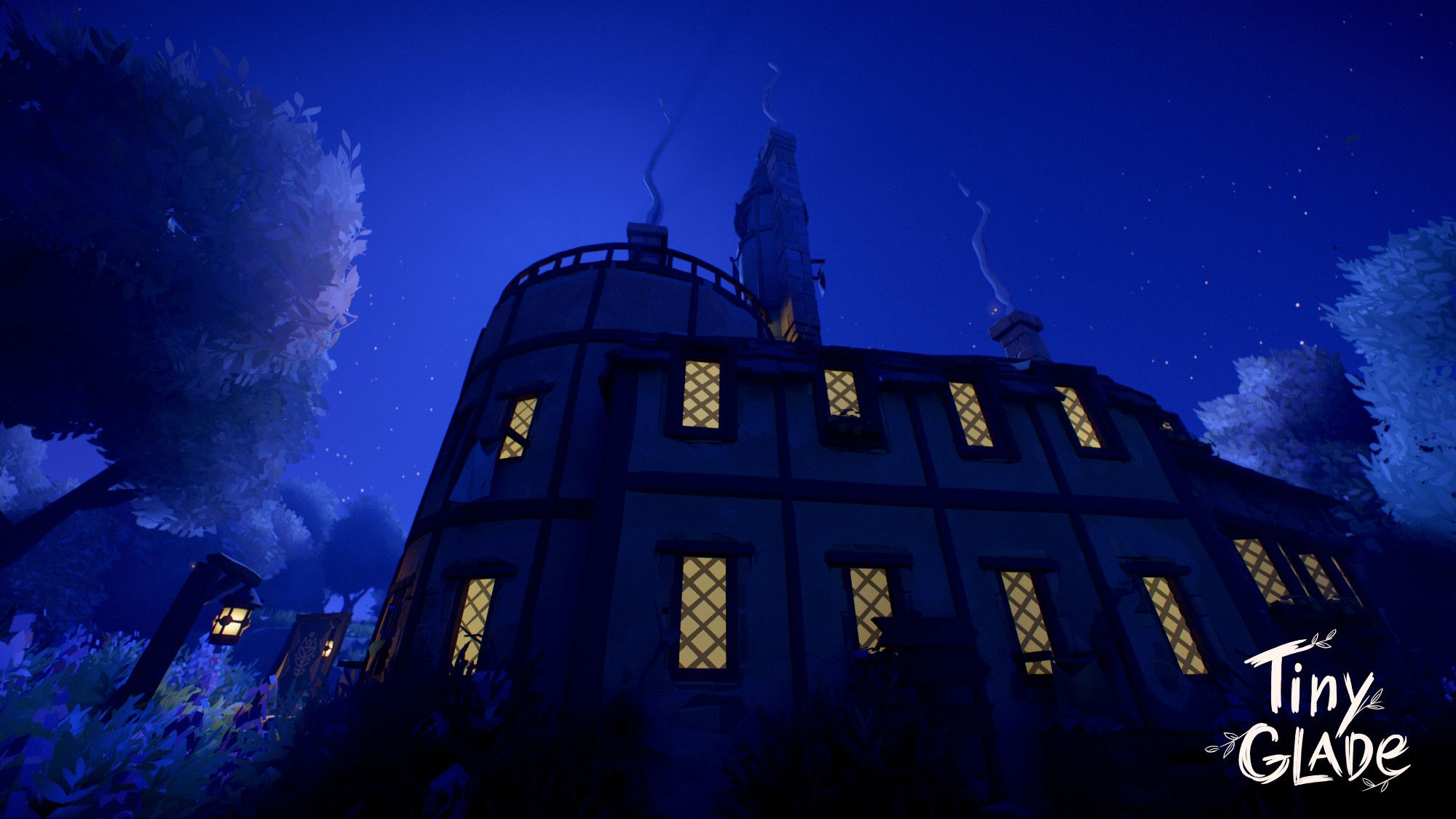 Screenshot from Tiny Glade game, from a first person perspective. Backside of a strange building. Night scenery. Shining moon on the background sky. Light is blinking from the windows of the round building. There is a large tree on the left side of the picture.