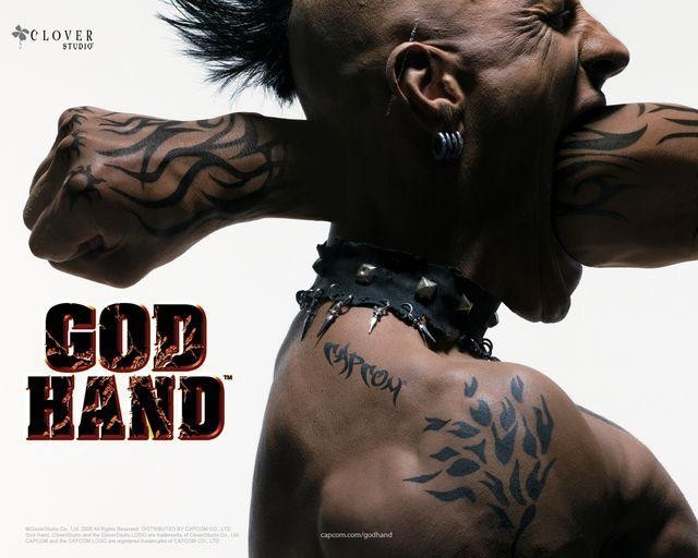 Key art for the game God Hand feature a man with a fist going through his open mouth and coming out the other side of his head