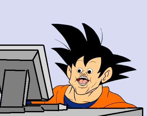 Son Goku, at a computer, giving off a surprised expression.

Goku in this style is drawn by OneyNG in the series Dragonzball P, a parody of Dragon Ball Z's Saiyan Saga and Frieza Saga.

