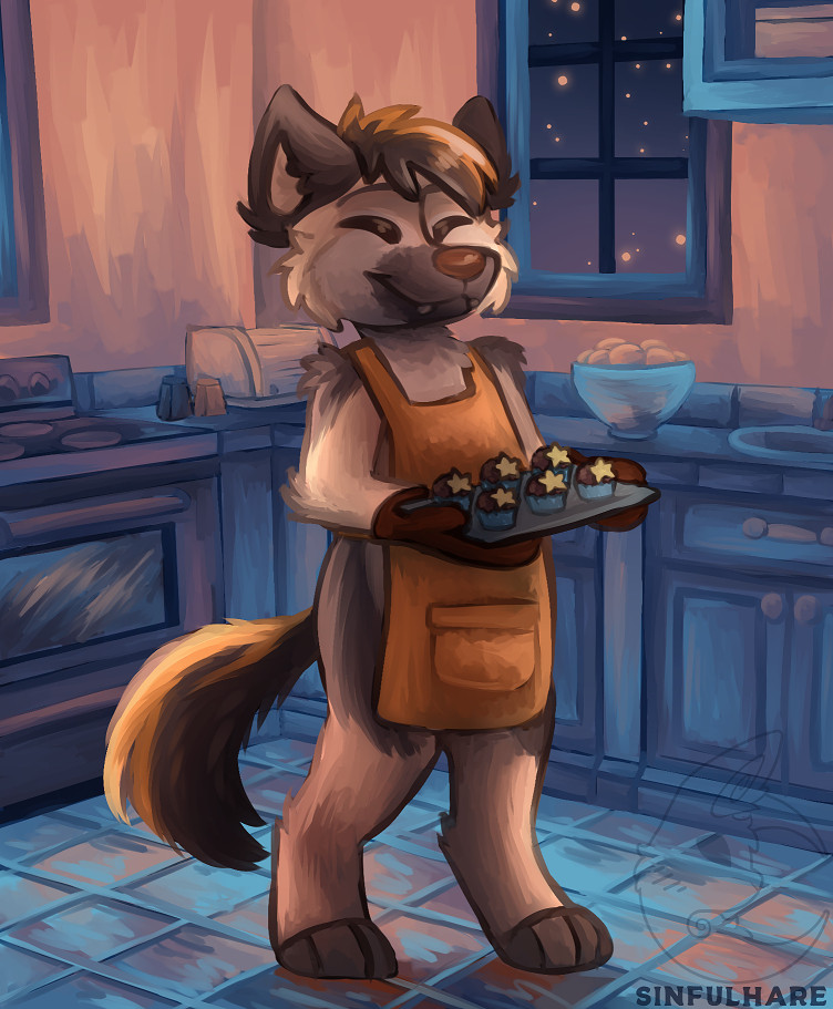 Digital drawing of an anthro wolf standing in a kitchen holding a tray of cupcakes, smiling proudly.