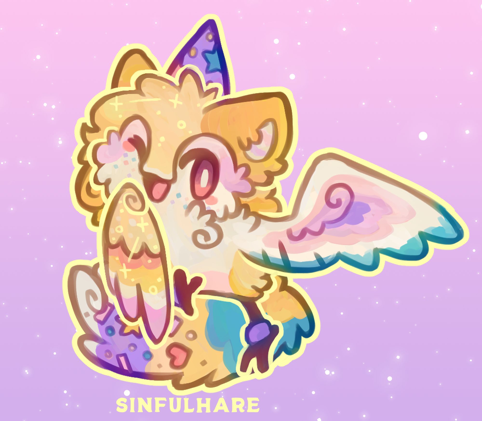 Digital drawing of a yellow bird-like creature. They have a purple party hat and a big fluffy multi-colored tail with stickers in it.