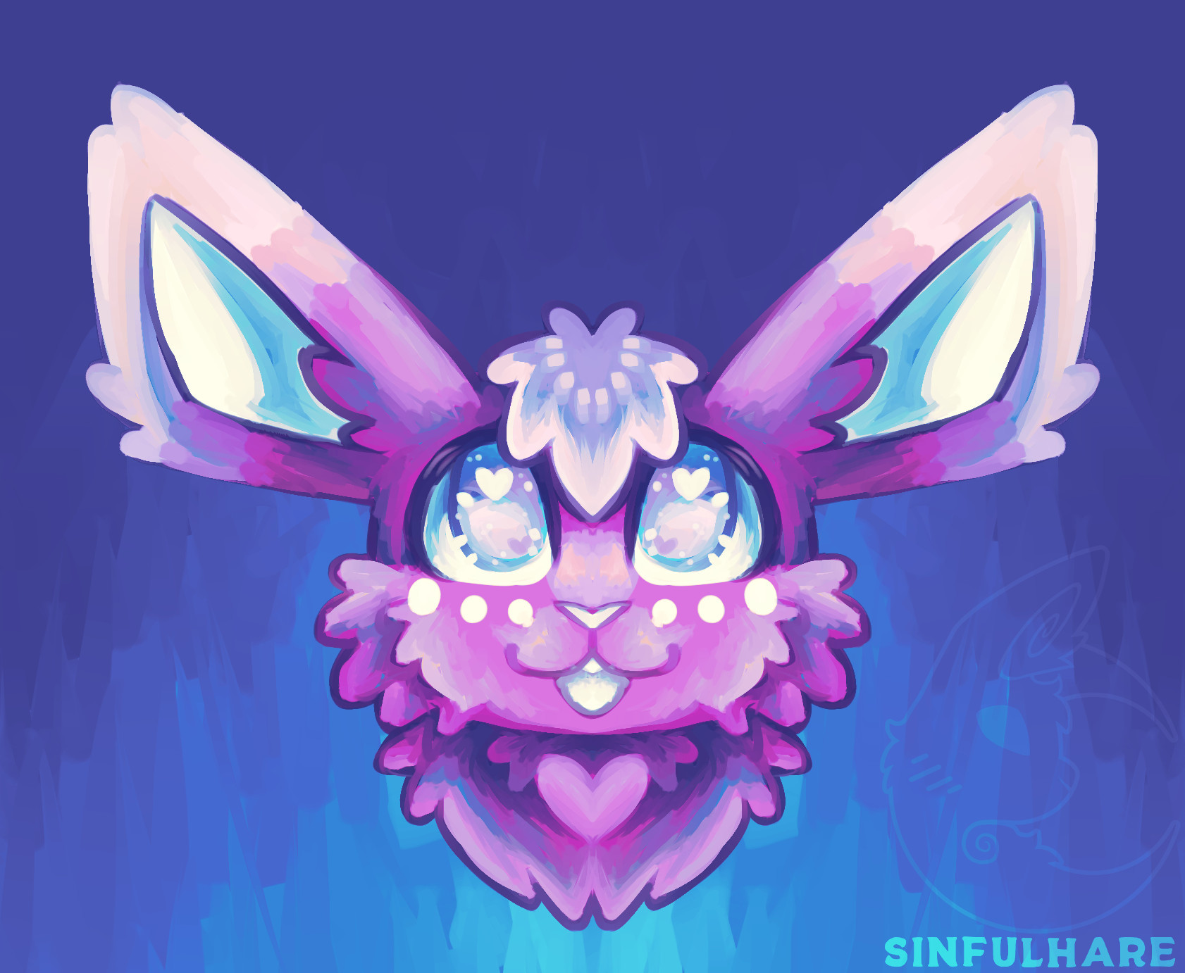 Digital symmetrical headshot painting of a hare with big shiny eyes.