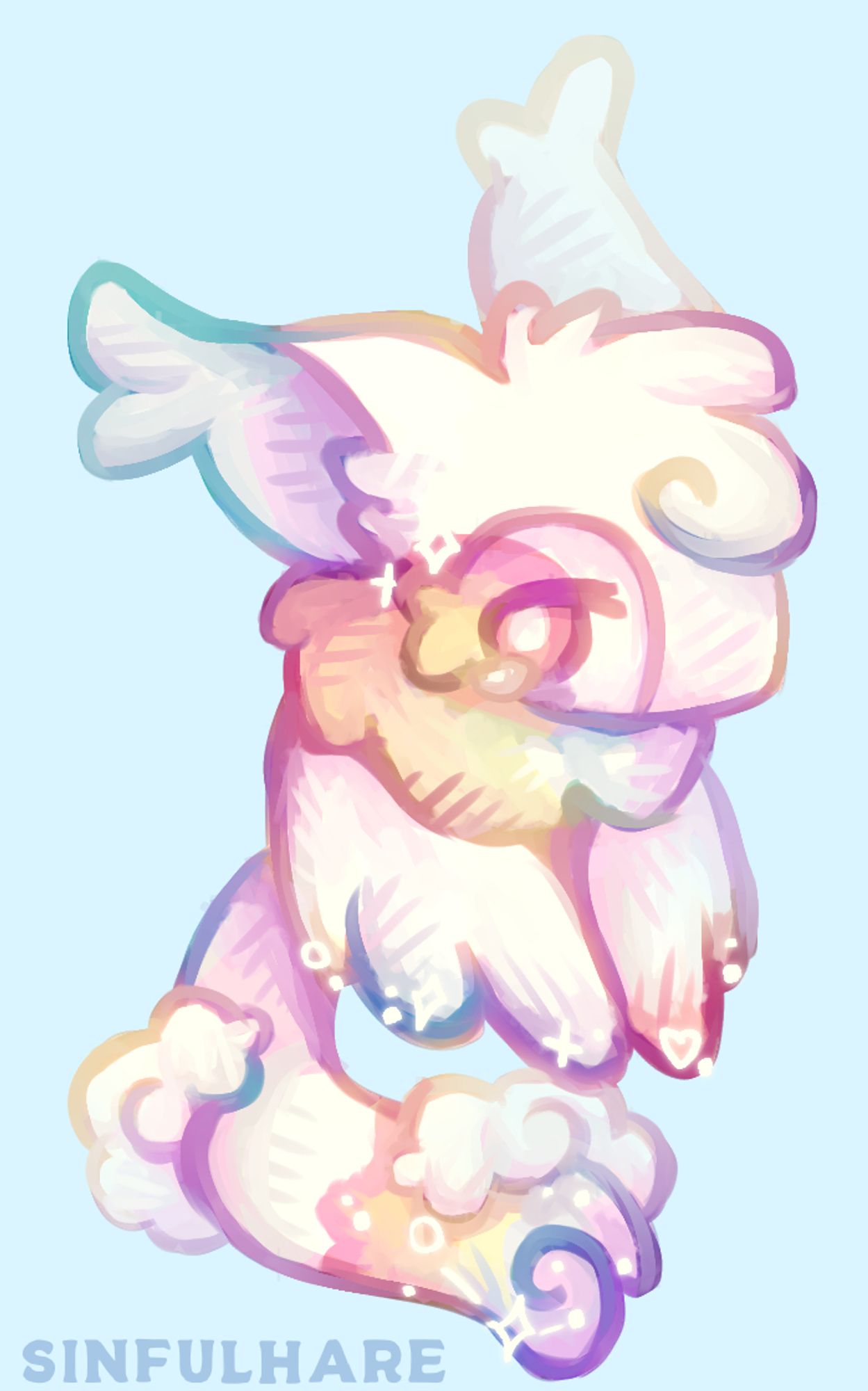 Digital drawing of a pastel rainbow colored Howltar (original species). They're sad with a tear in their eye.