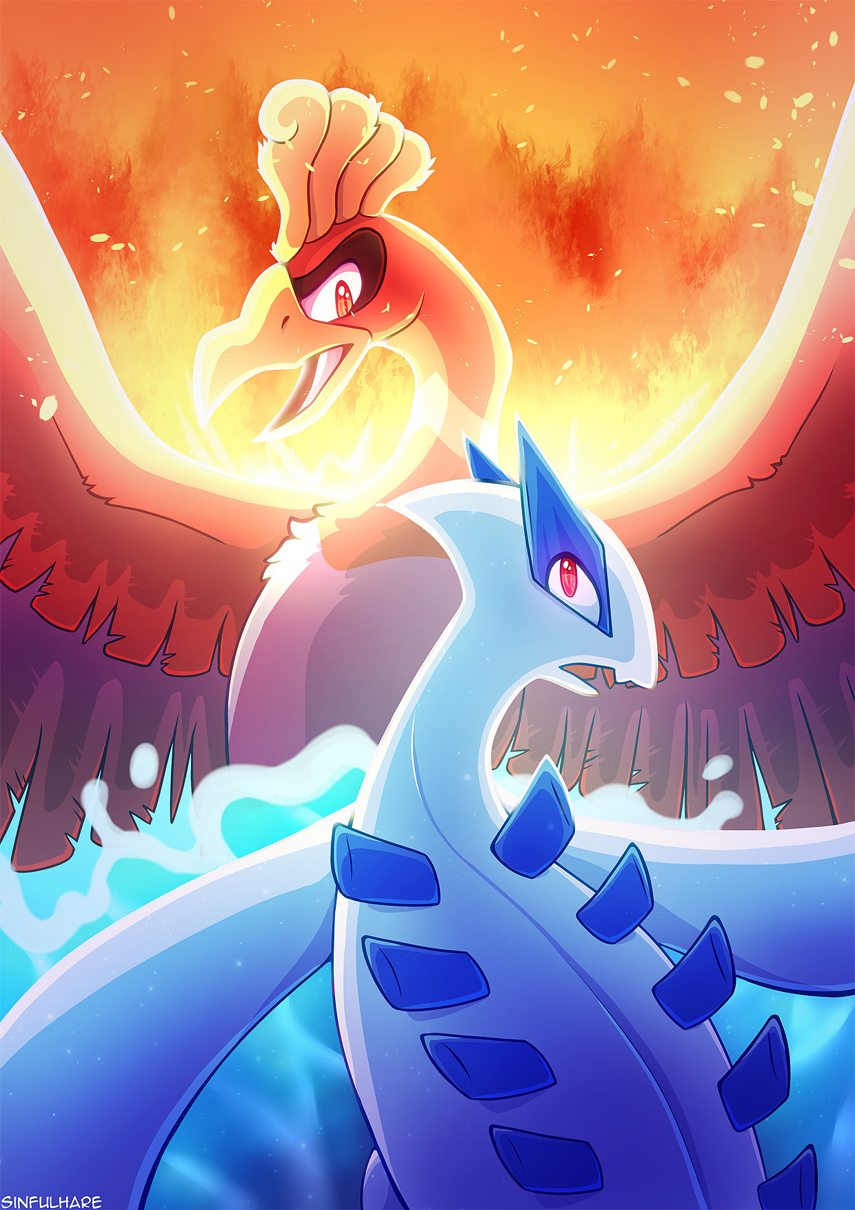 Digital drawing of Ho-Oh and Lugia from Pokemon. The Ho-Oh is facing the viewer at the top of the canvas, its wings extended. There is fire behind it with embers floating around. At the bottom is Lugia with its back facing the viewer. It is on a wave of water.