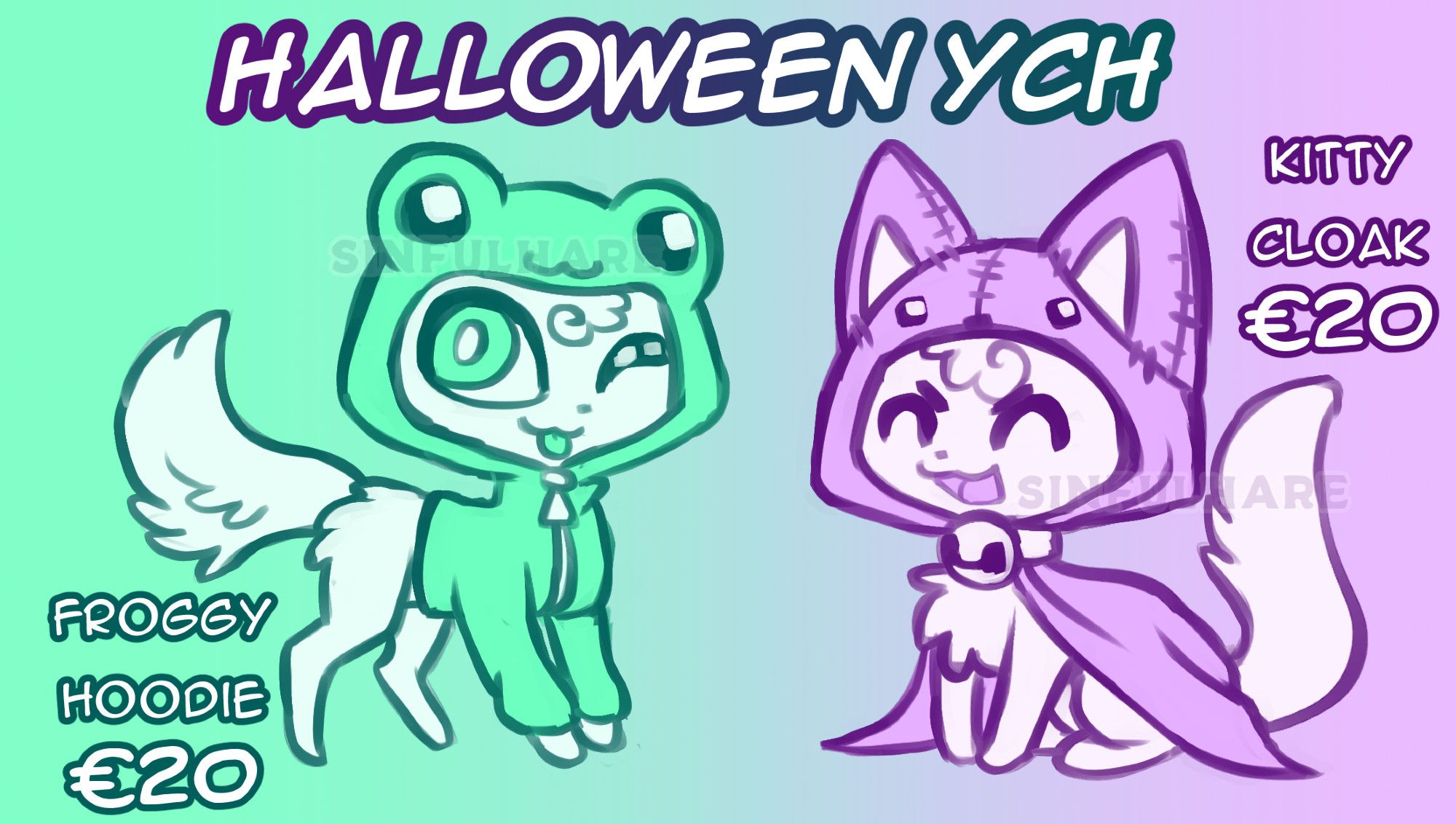 YCH page featuring two feral animals. The first one is wearing a frog hoodie, winking with a blep. It is called Froggy Hoodie and is priced at 20 euros. Second one is wearing a cloak with a hood that looks like a cat, as well as a bell collar. It is called Kitty Cloak and is also priced at 20 euros.