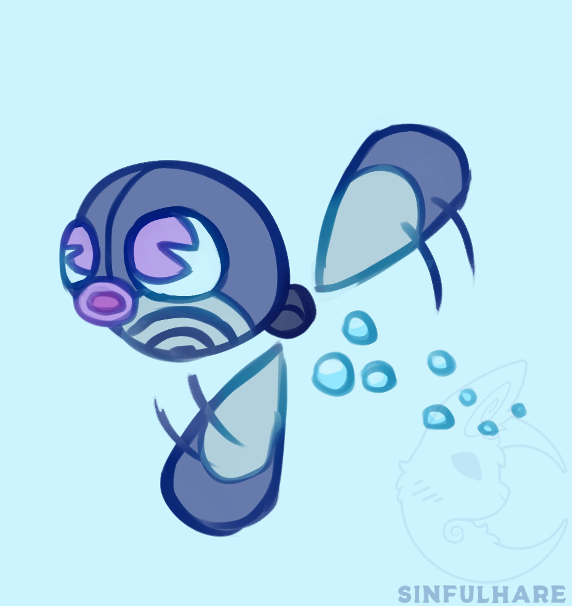 Digital drawing of a future paradox poliwag. It has a round tail with a propeller that spins, creating bubbles behind it.