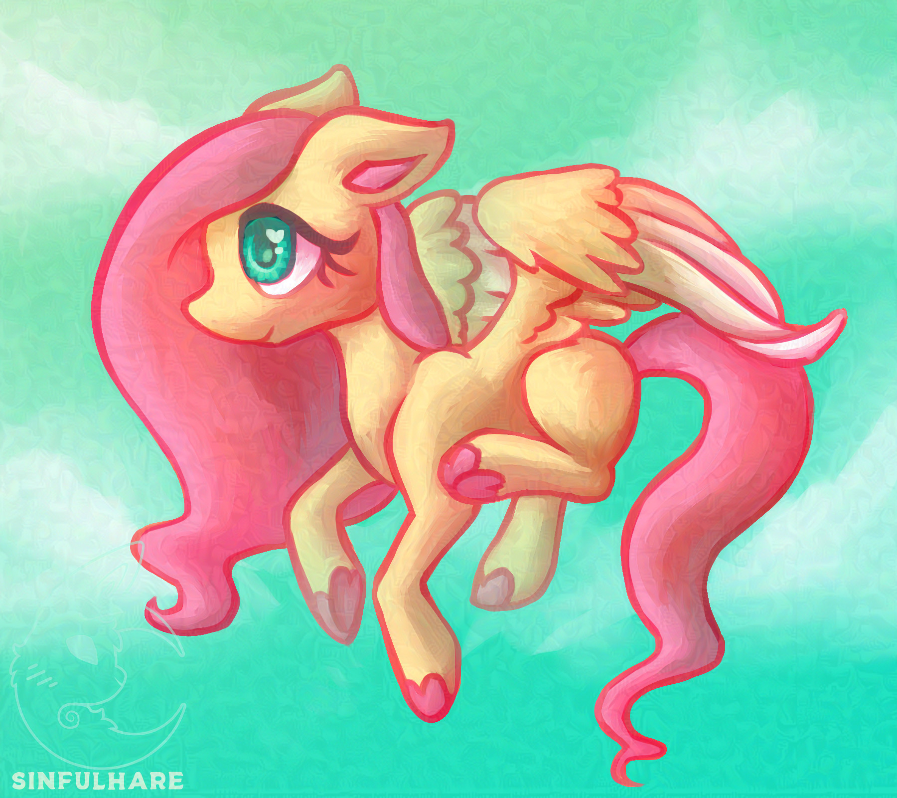 Digital drawing of Fluttershy from My Little Pony: Friendship is Magic. She is flying in the air softly with one leg raised. She doesn't have a cutie mark.