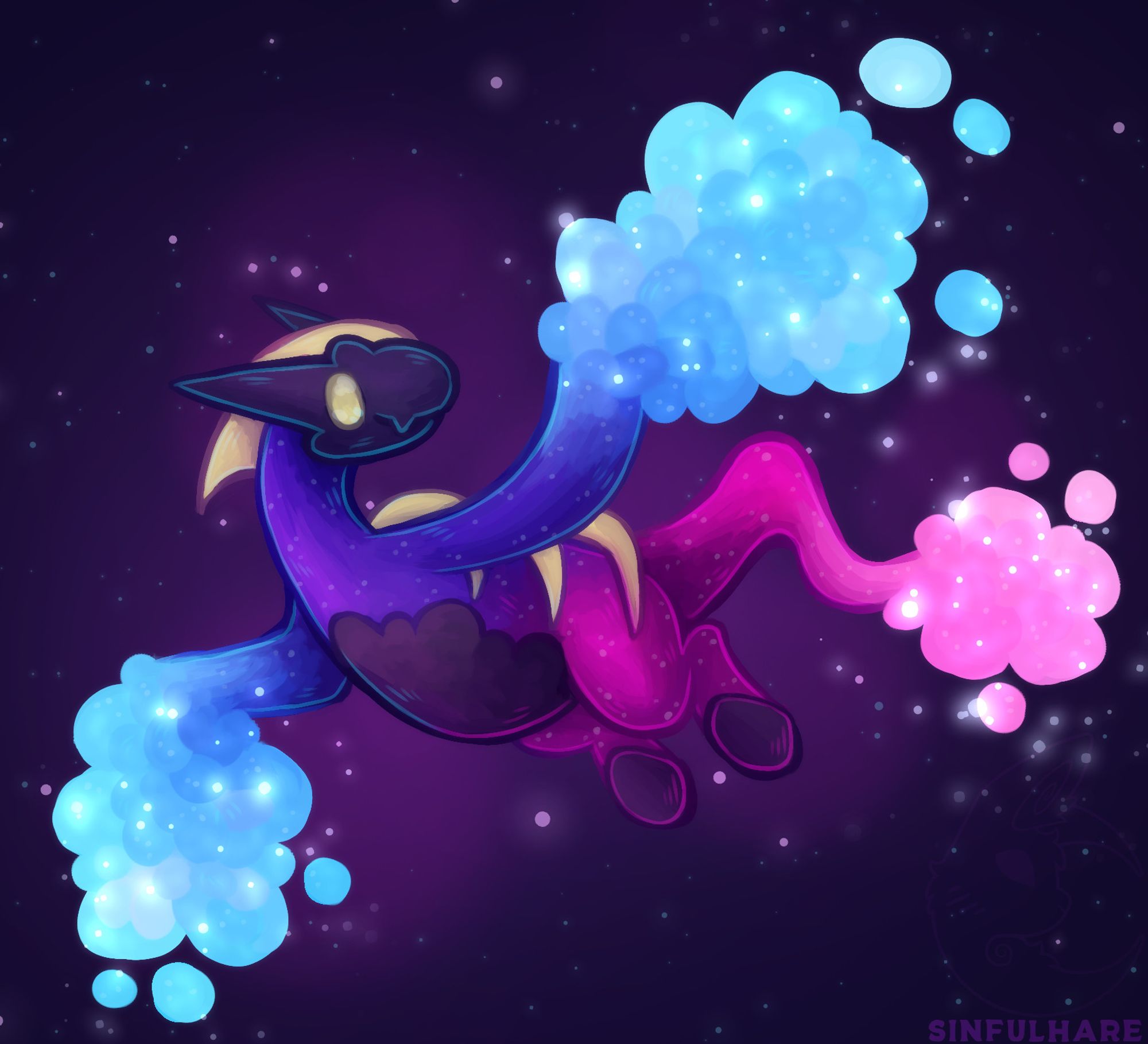 Digital drawing of a fusion between a Lugia and a Cosmog. It has the body of a Lugia with Cosmog's colors and misty clouds on its wings and tail tip.