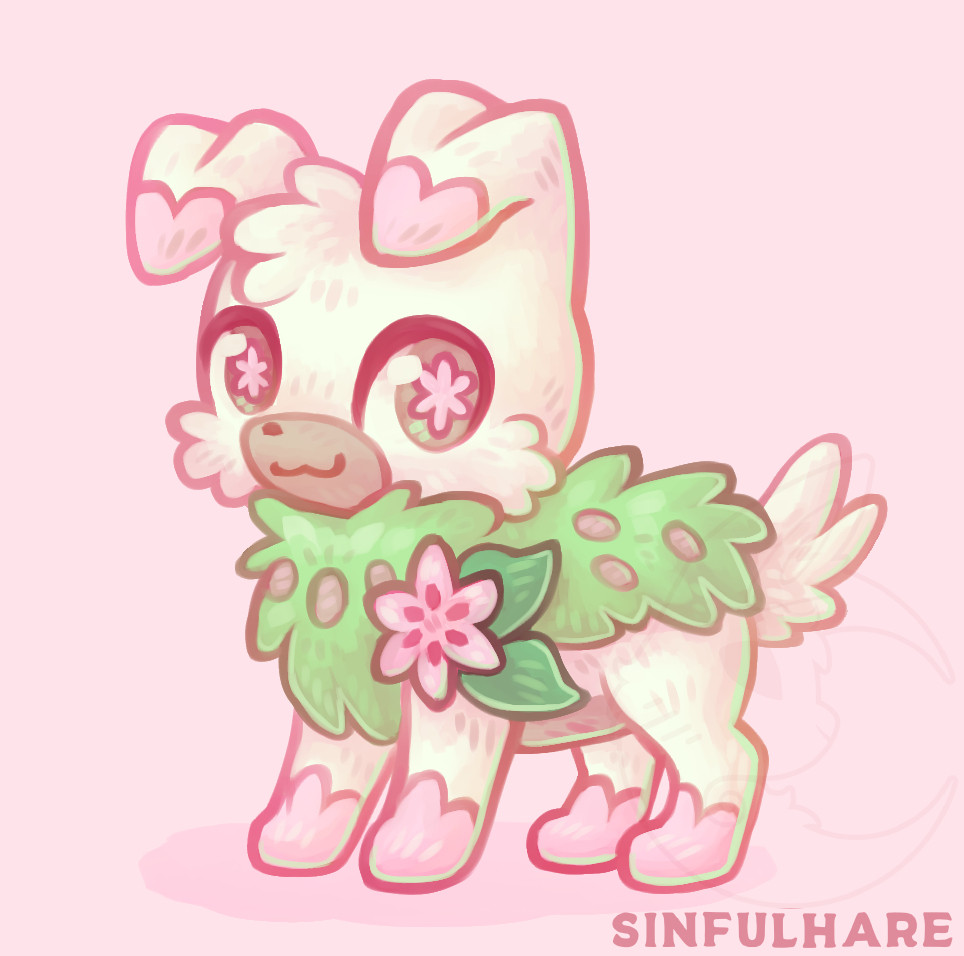 Digital drawing of a Rockruff and Shaymin fusion Pokemon. It has the body of a Rockruff in tan colors with pink heart-like markings. Its body is leafy with a Gracidea flower on its shoulder.