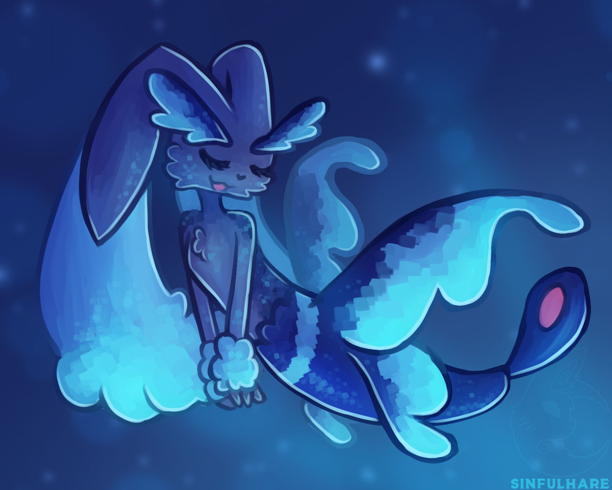 Digital drawing of a fusion Pokemon with a Lopunny top half and a Lumineon bottom half. It is swimming underwater.